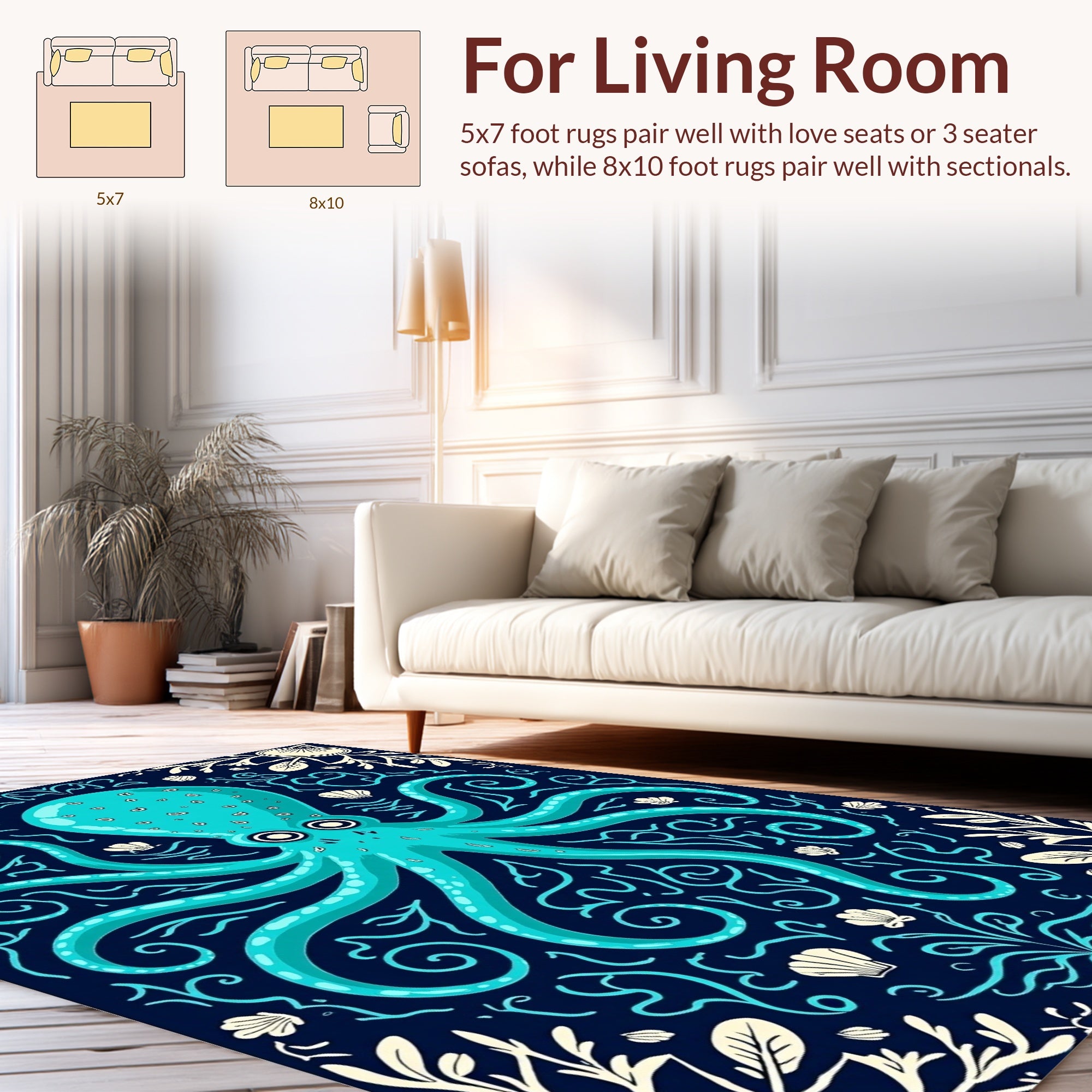 Aqua Octopus With Seashell Border Rug