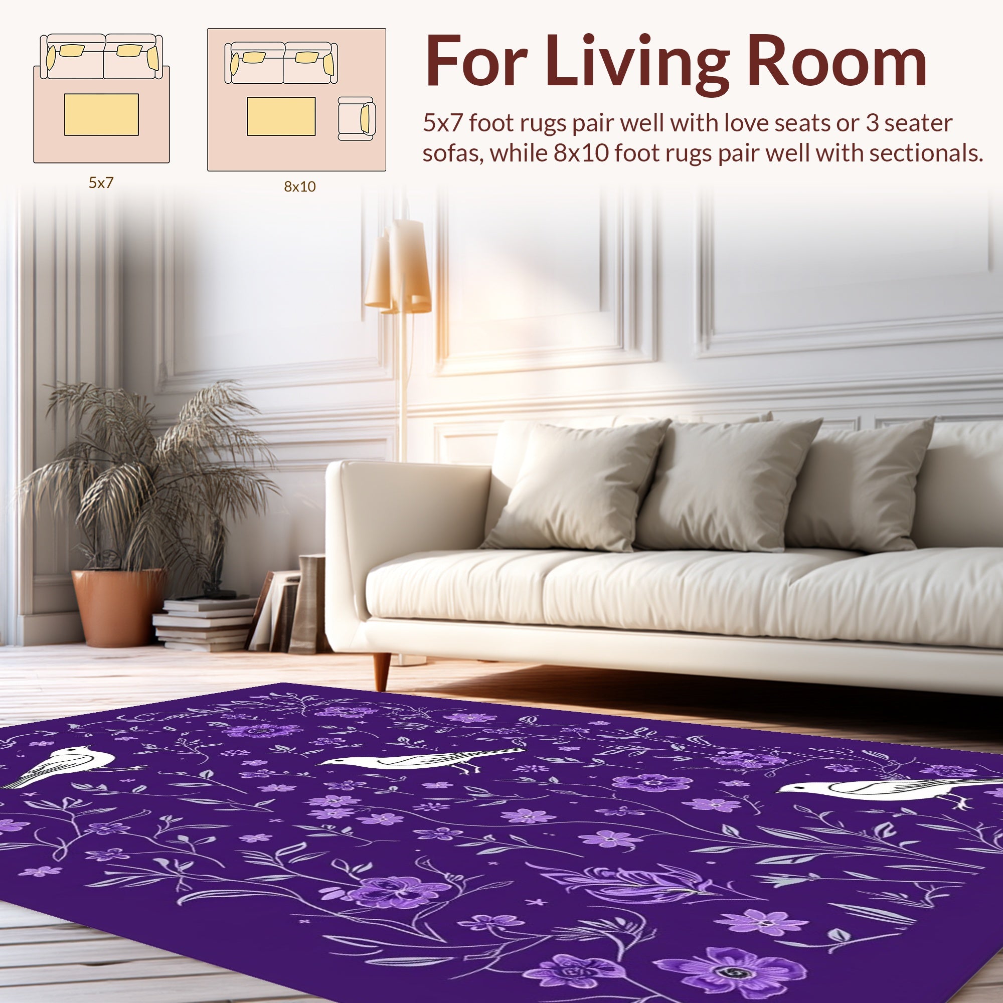 Purple Bird Floral Whimsical Vine Rug
