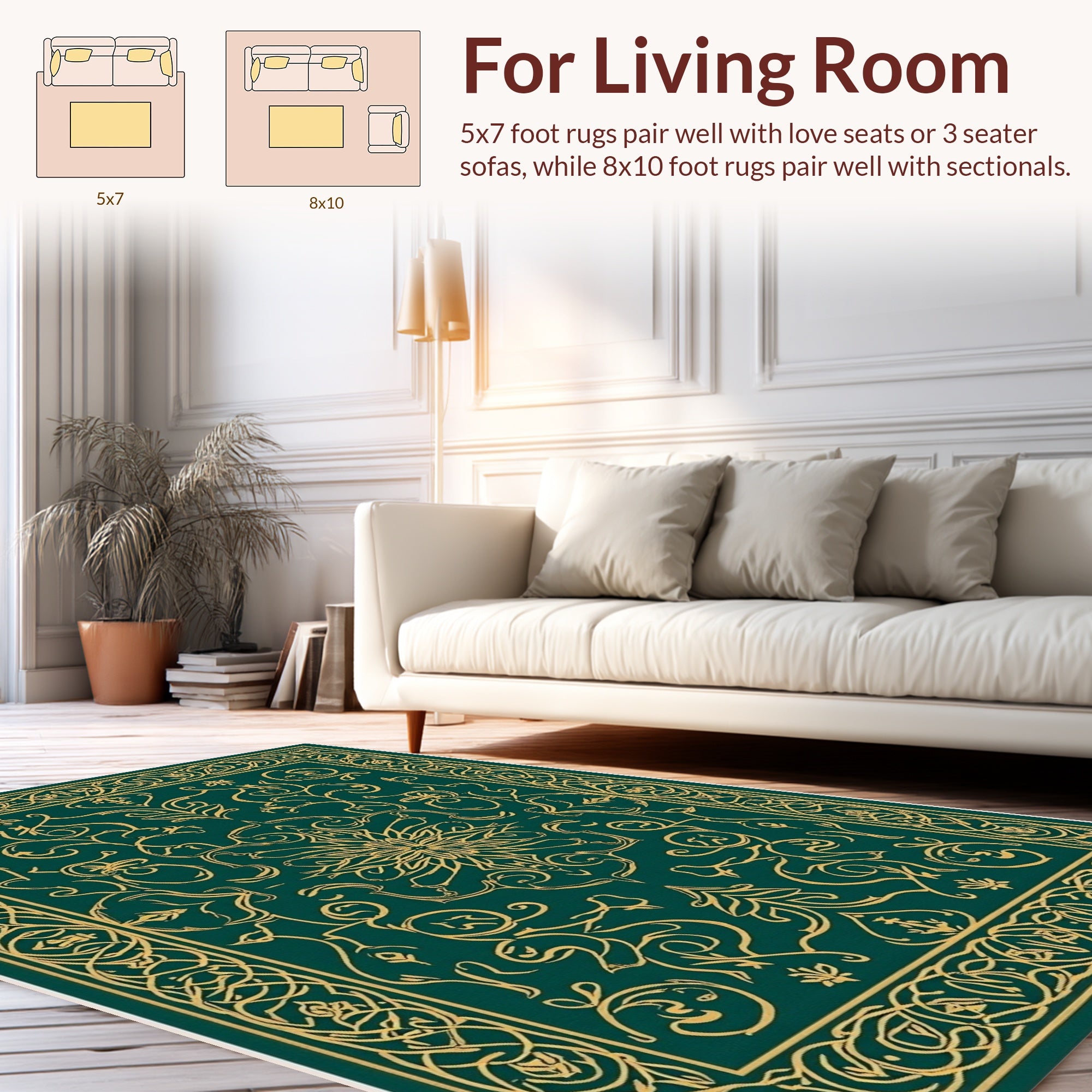 Ornate Green Gold Floral Pattern Rug