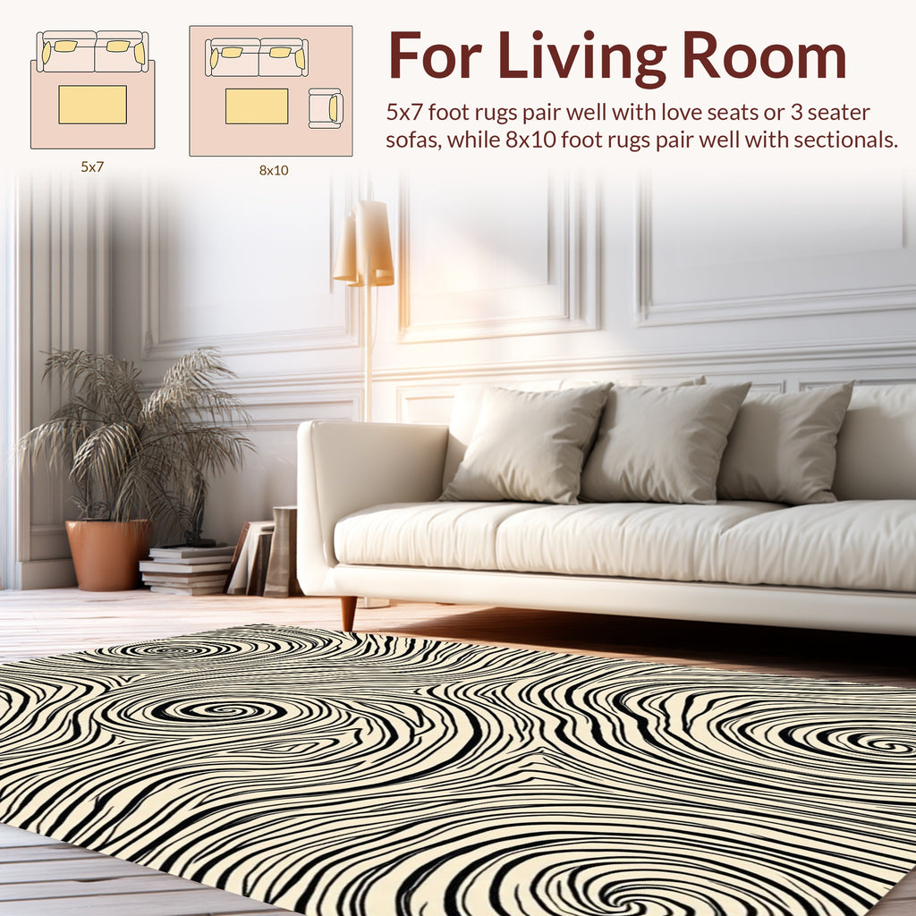 Swirl Pattern Black Cream Abstract Lines Rug