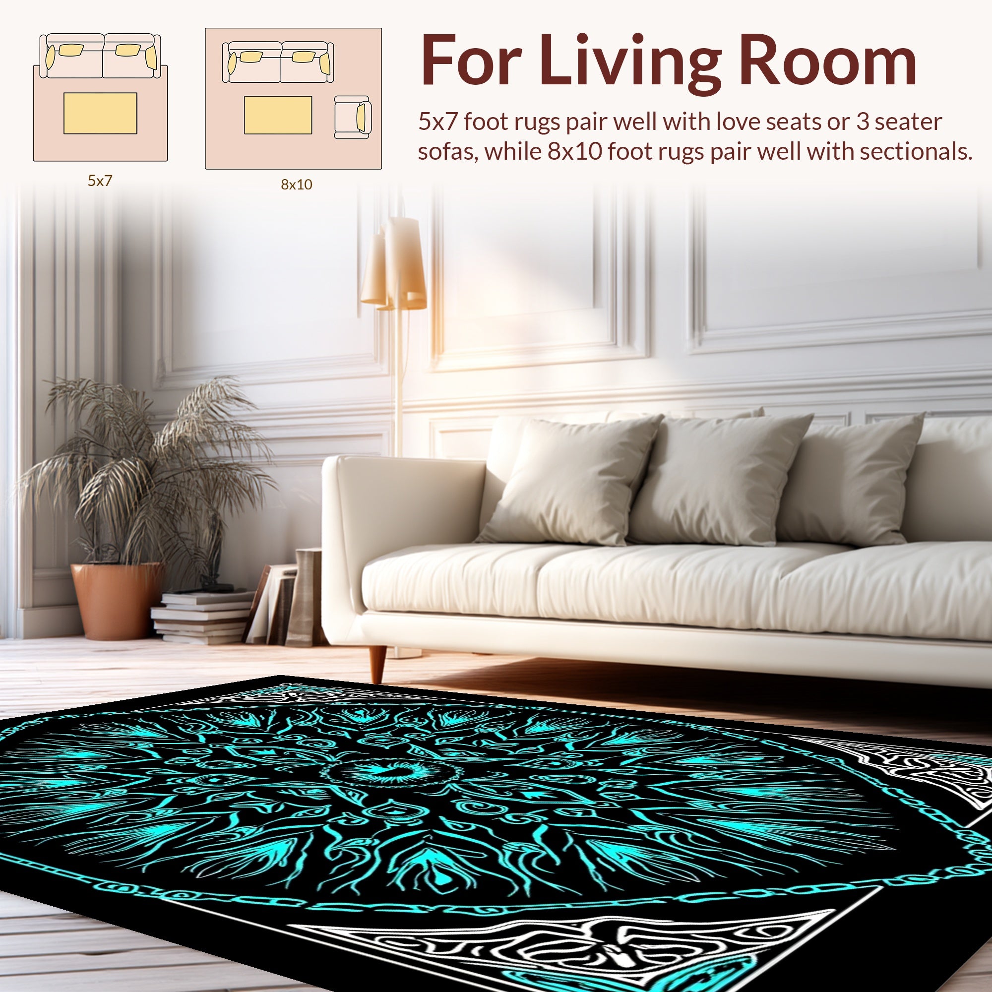 Symmetrical Cyan Abstract Mandala Design Rug