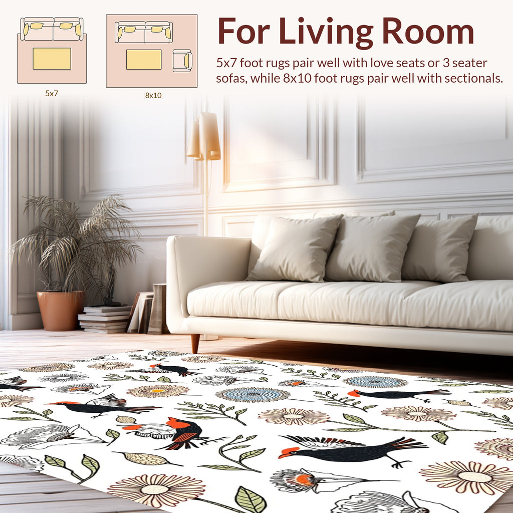 Whimsical Bird Floral Sketch Pattern Rug