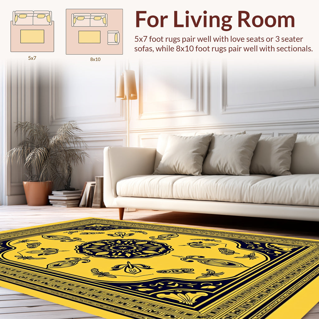 Intricate Yellow and Navy Floral Design Rug