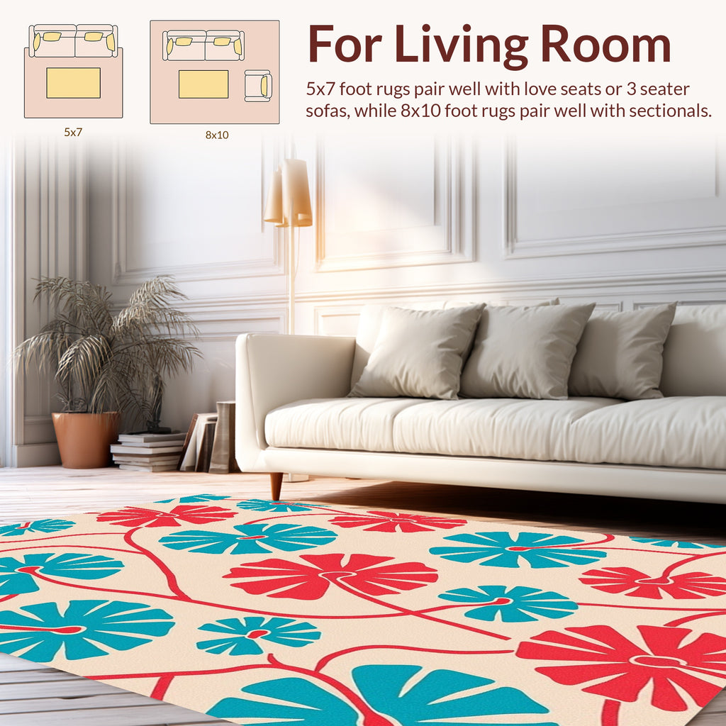 Red Blue Floral Vine Pattern Rug
