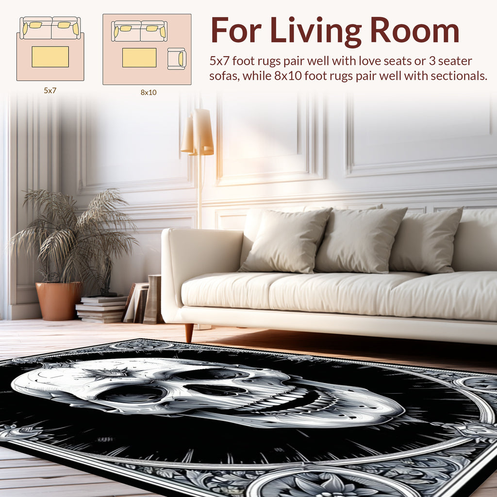 Ornate Black White Skull Rug