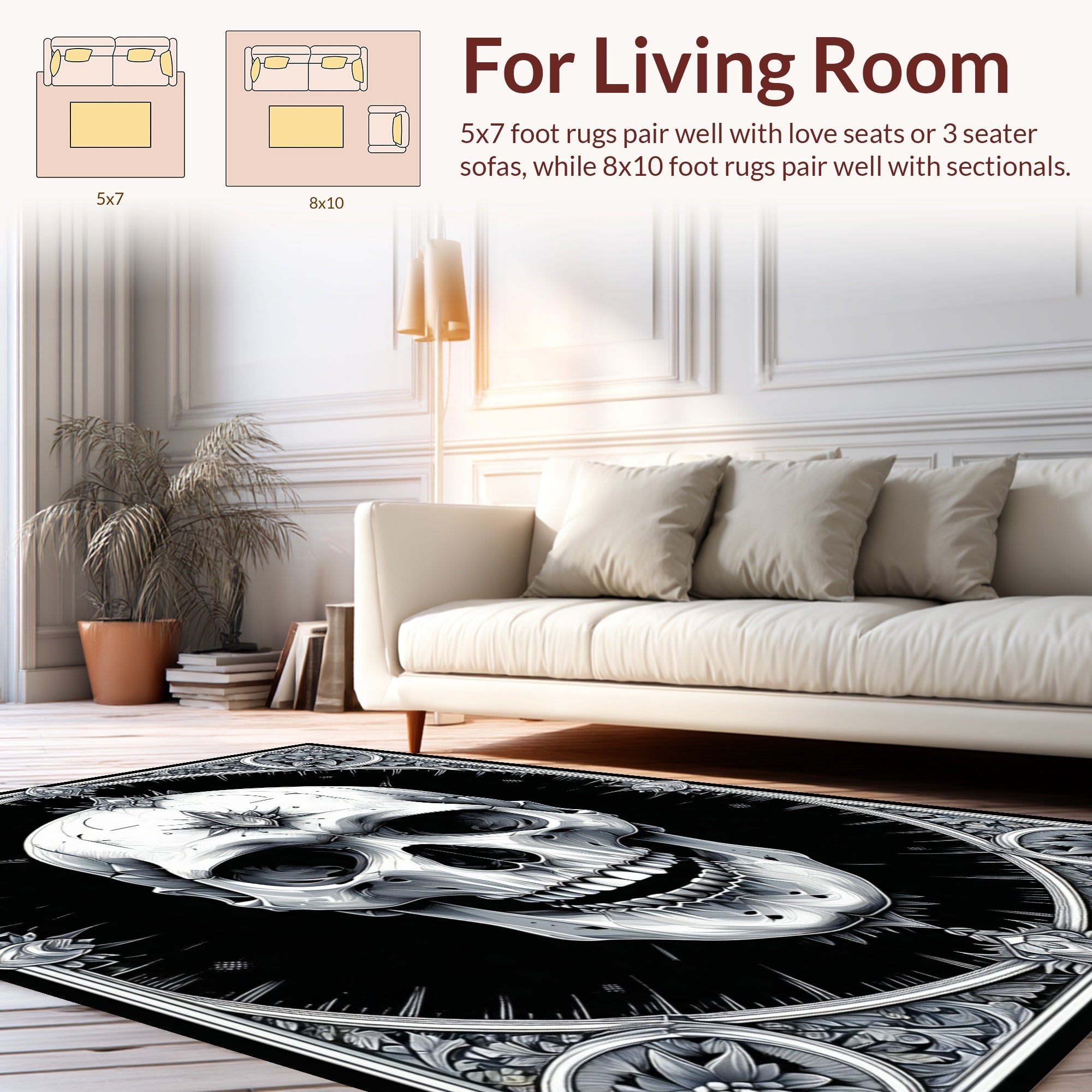 Ornate Black White Skull Rug