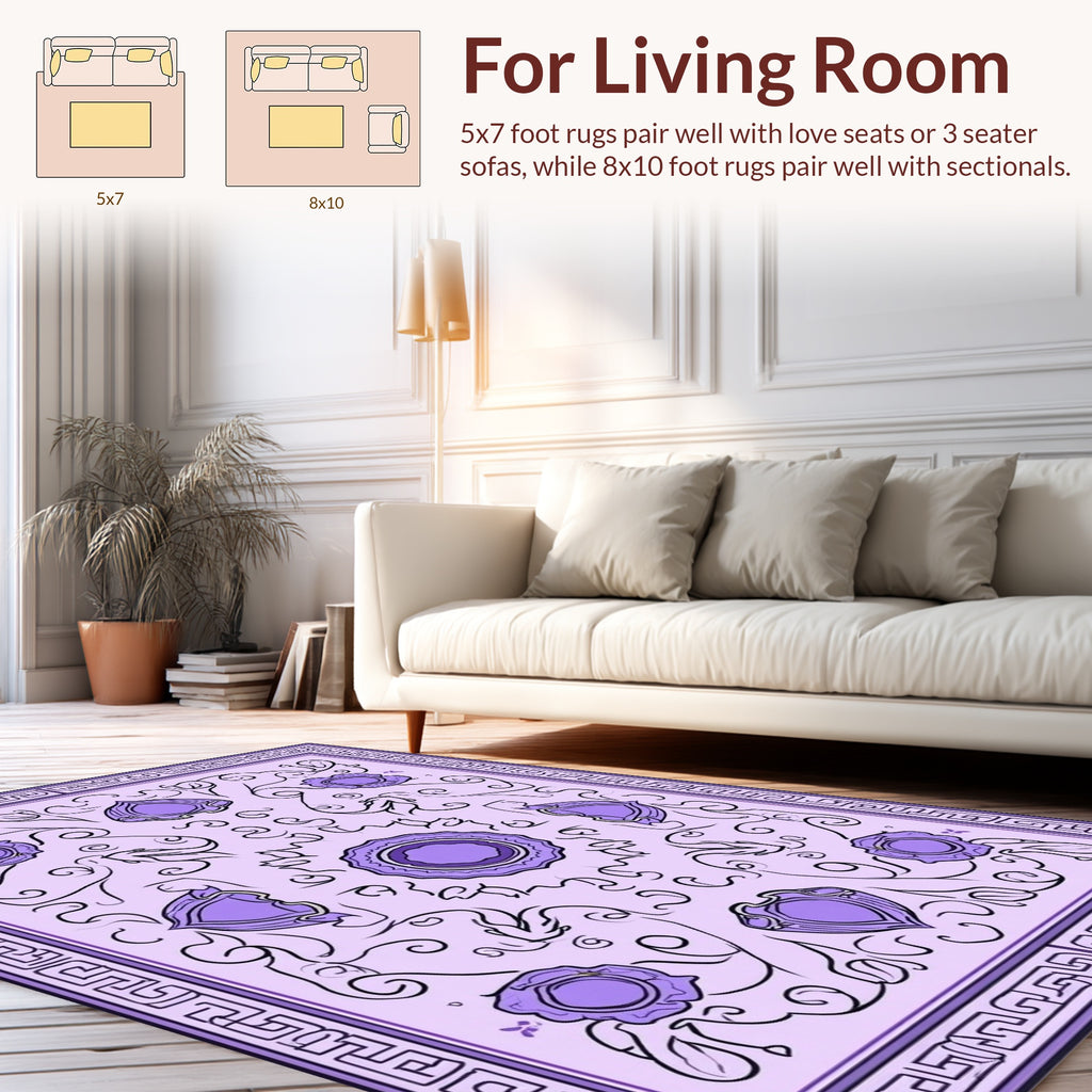 Purple Floral Scrollwork Geometric Border Rug