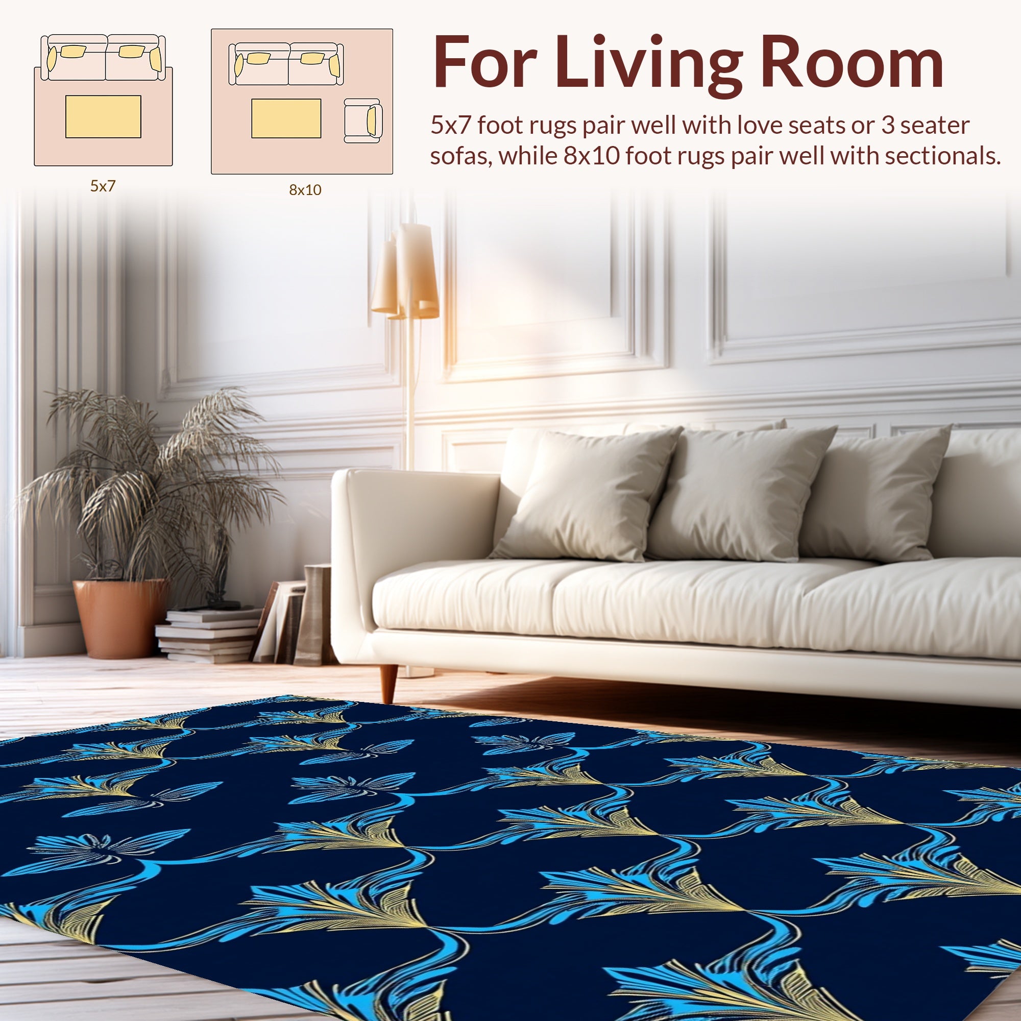 Art Deco Blue Gold Floral Pattern Rug