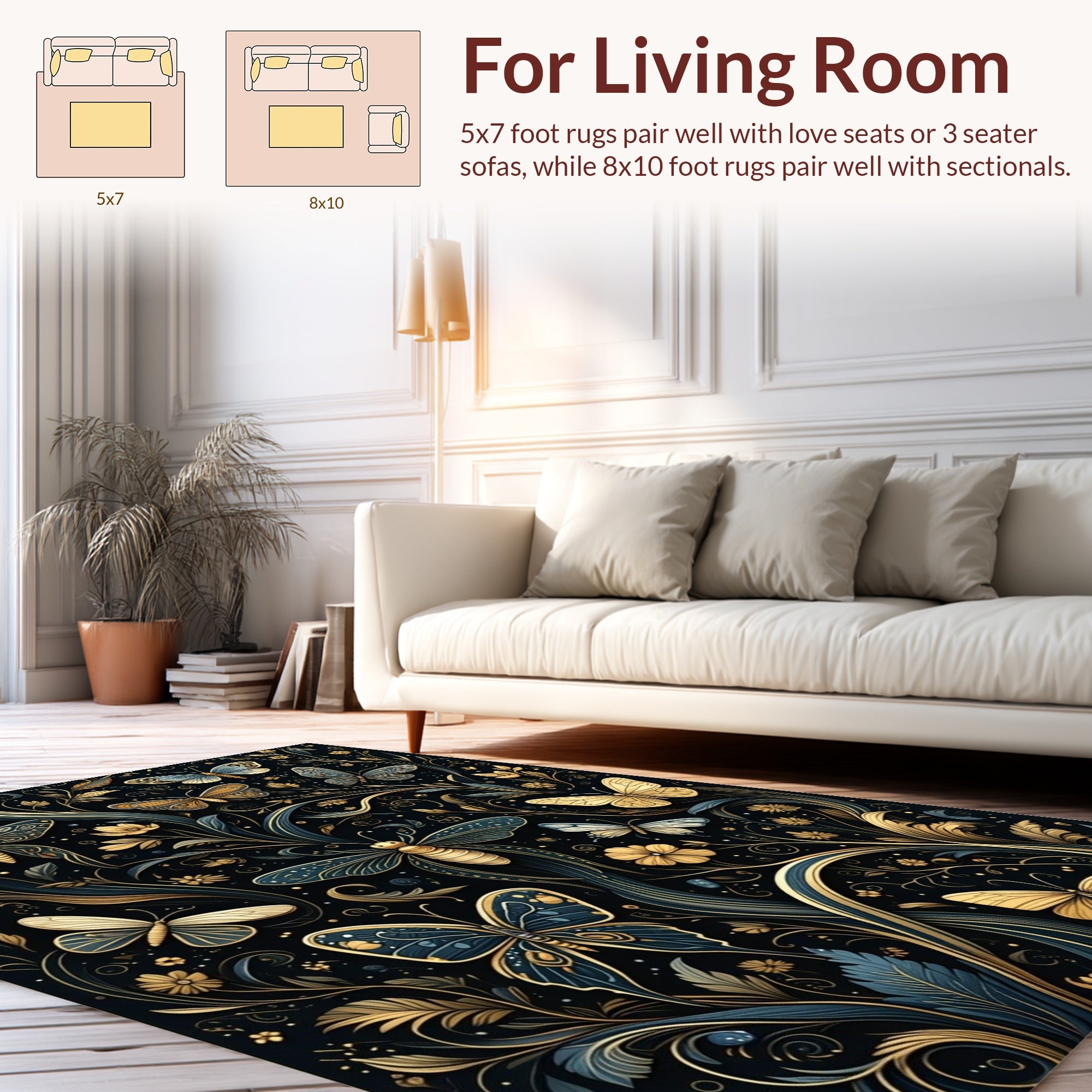 Dark Emerald Gold Butterfly Floral Design Rug