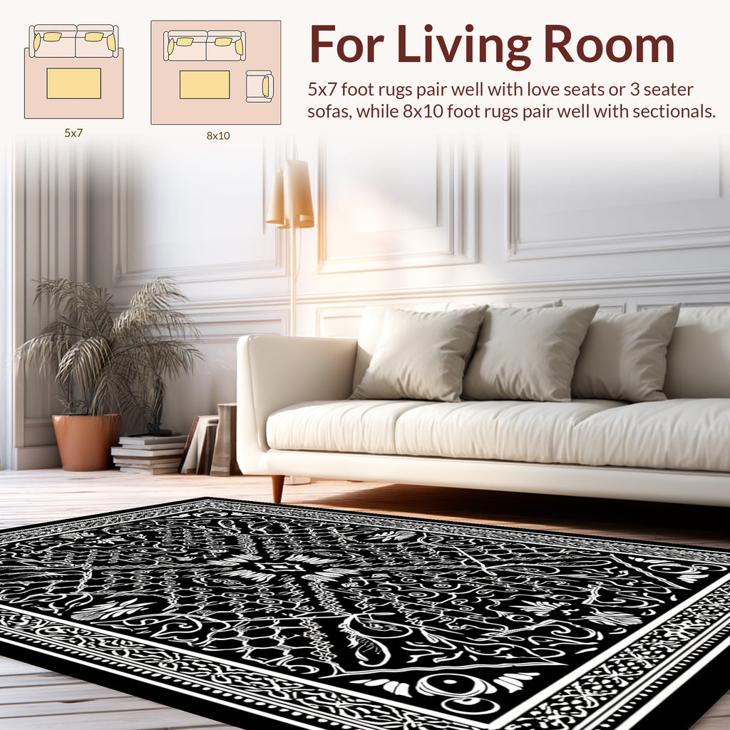 Intricate Black White Mandala Pattern Rug