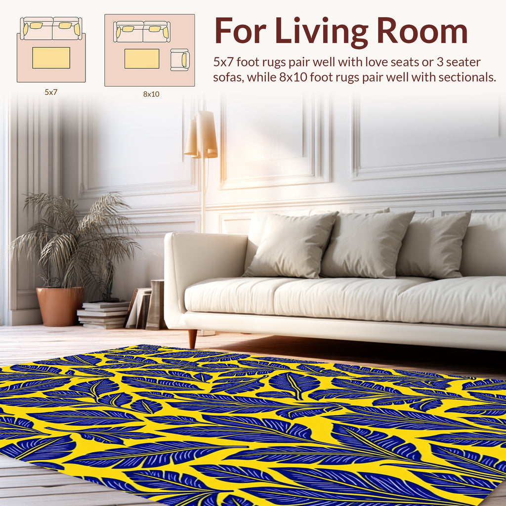 Dark Blue Leaf Pattern Yellow Design Rug