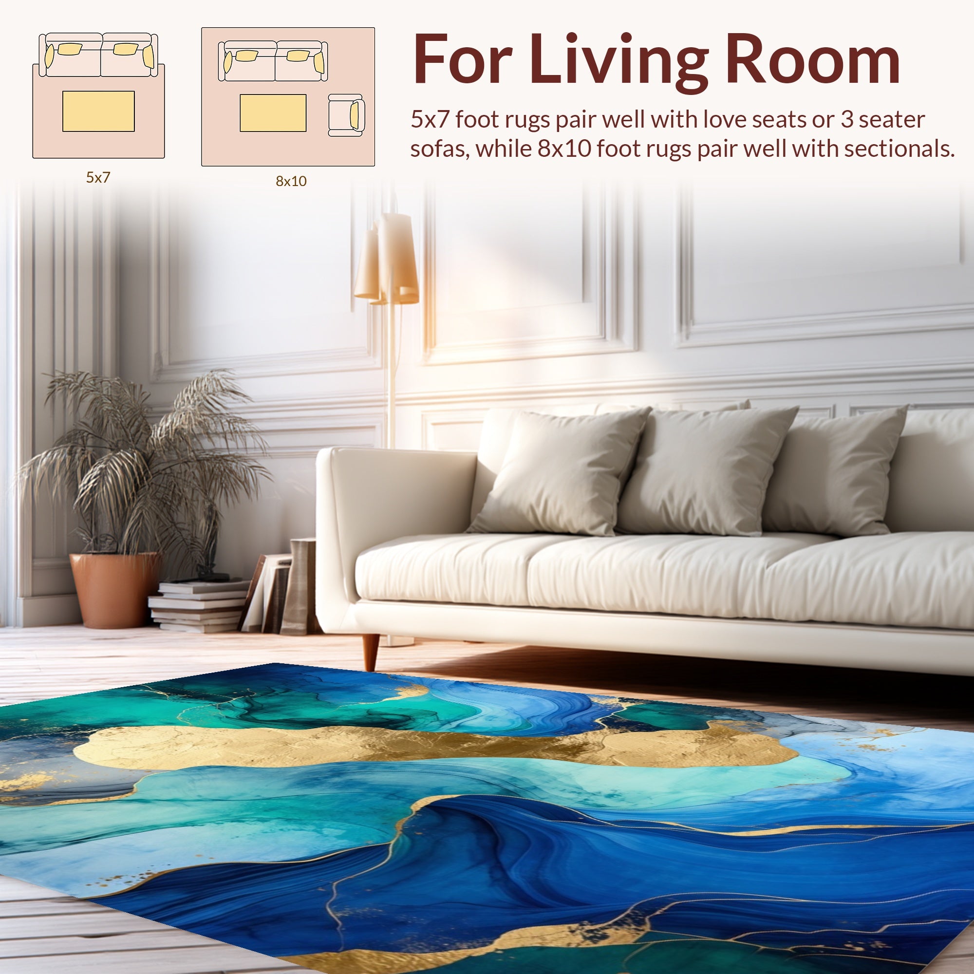 Abstract Blue Gold Fluid Waves Rug