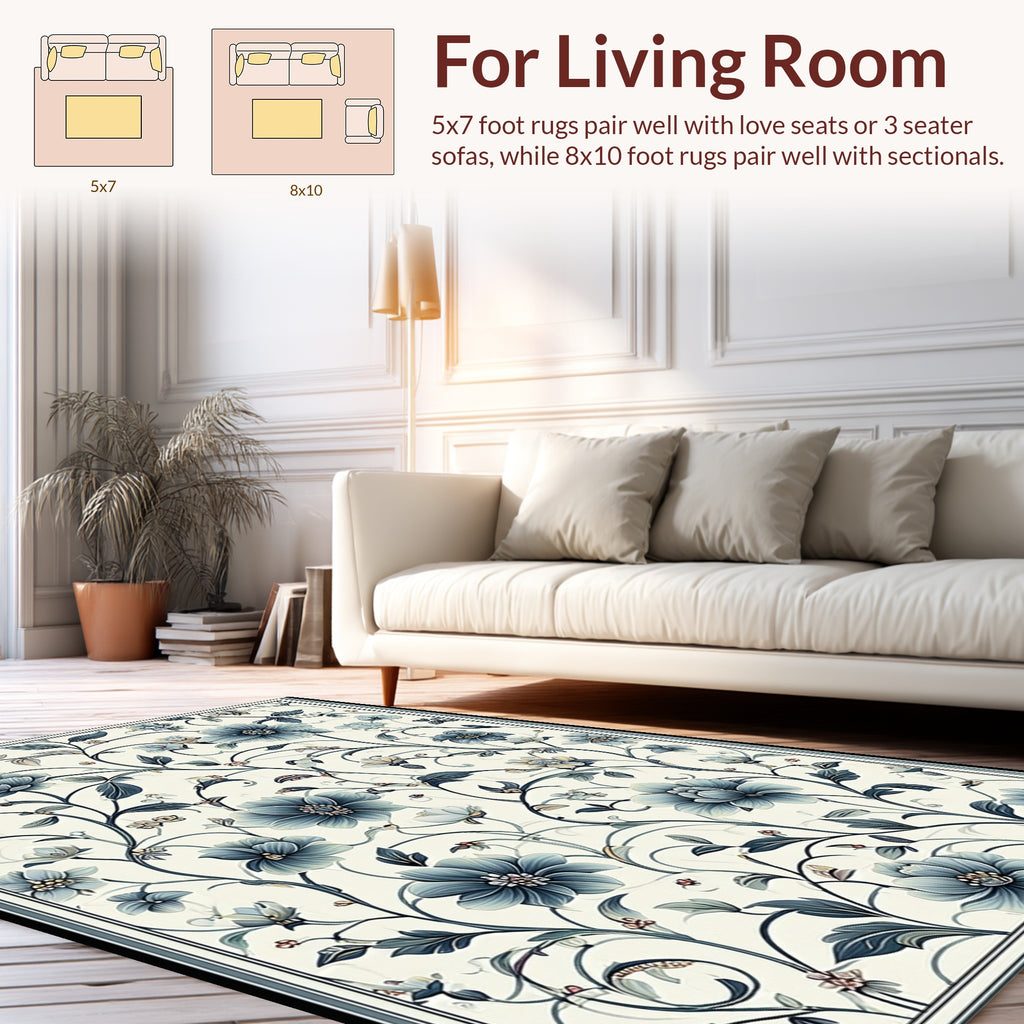 Classic Blue Floral Vine Pattern Rug
