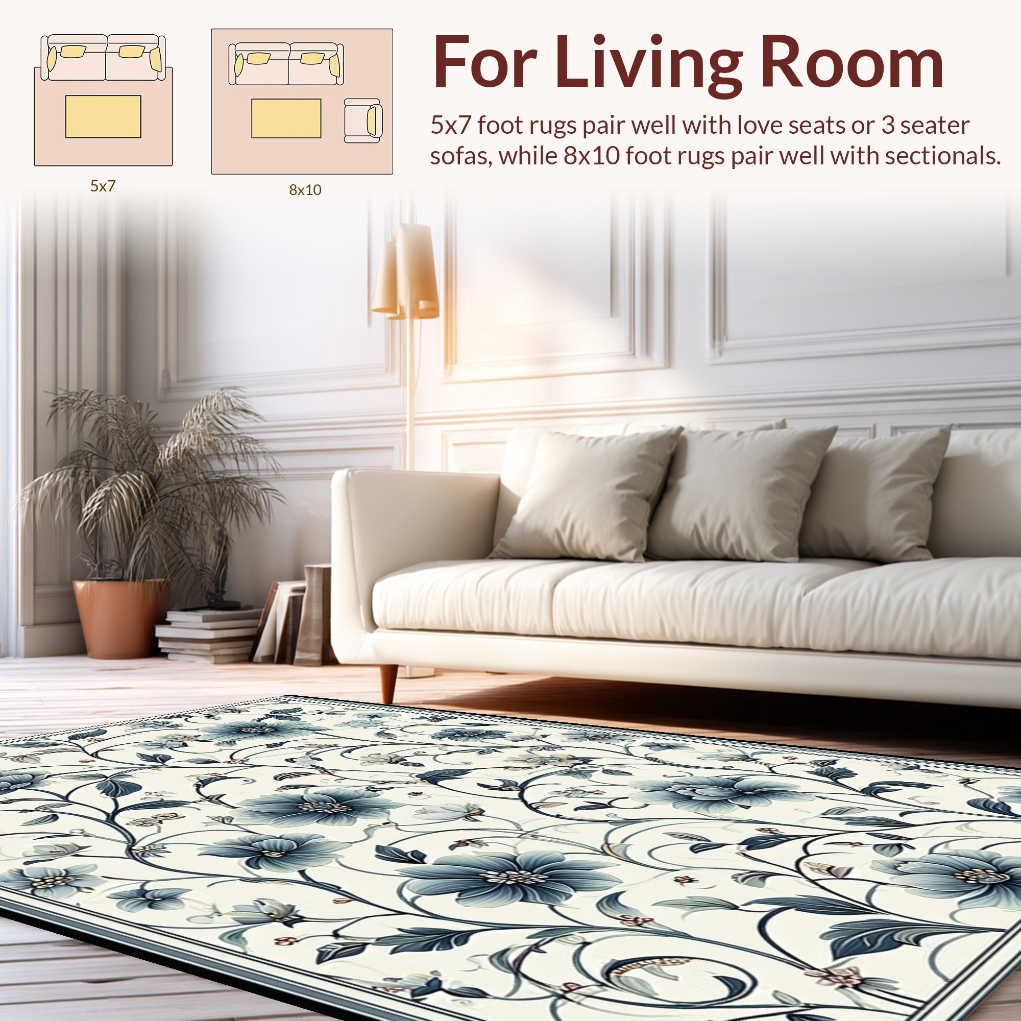 Classic Blue Floral Vine Pattern Rug