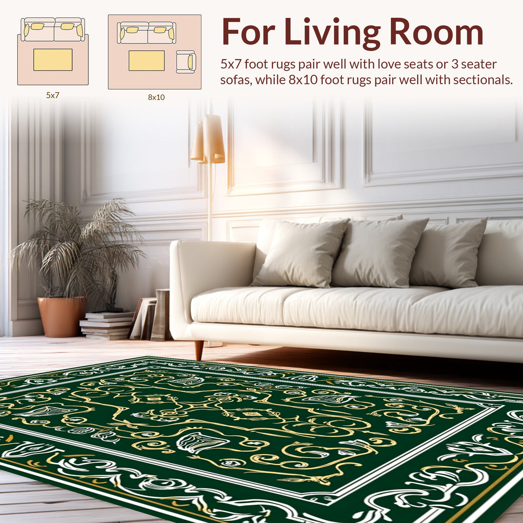 Elegant Floral Scroll Dark Green Design Rug