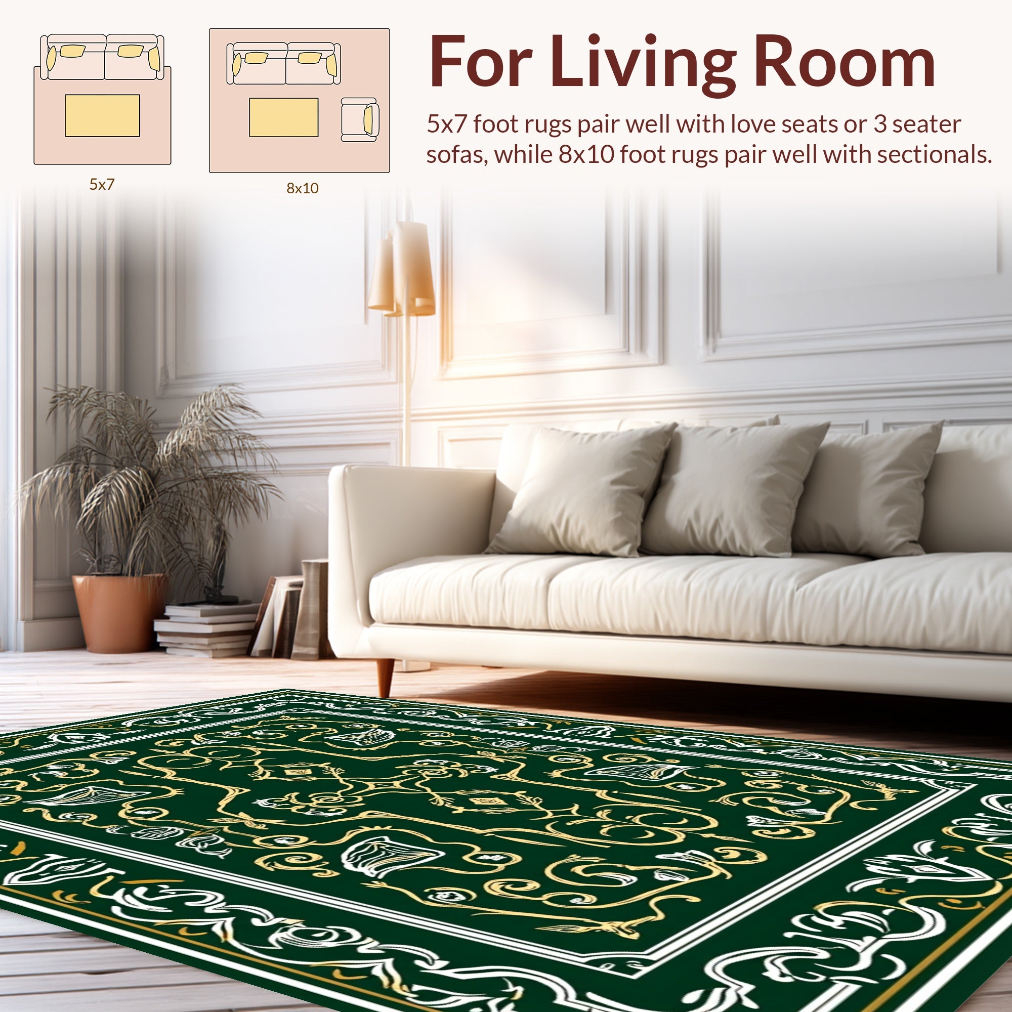 Elegant Floral Scroll Dark Green Design Rug
