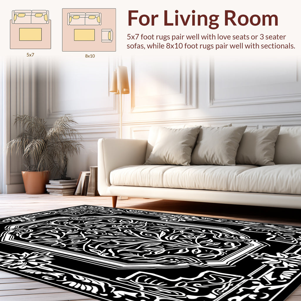 Ornate Black White Floral Pattern Rug