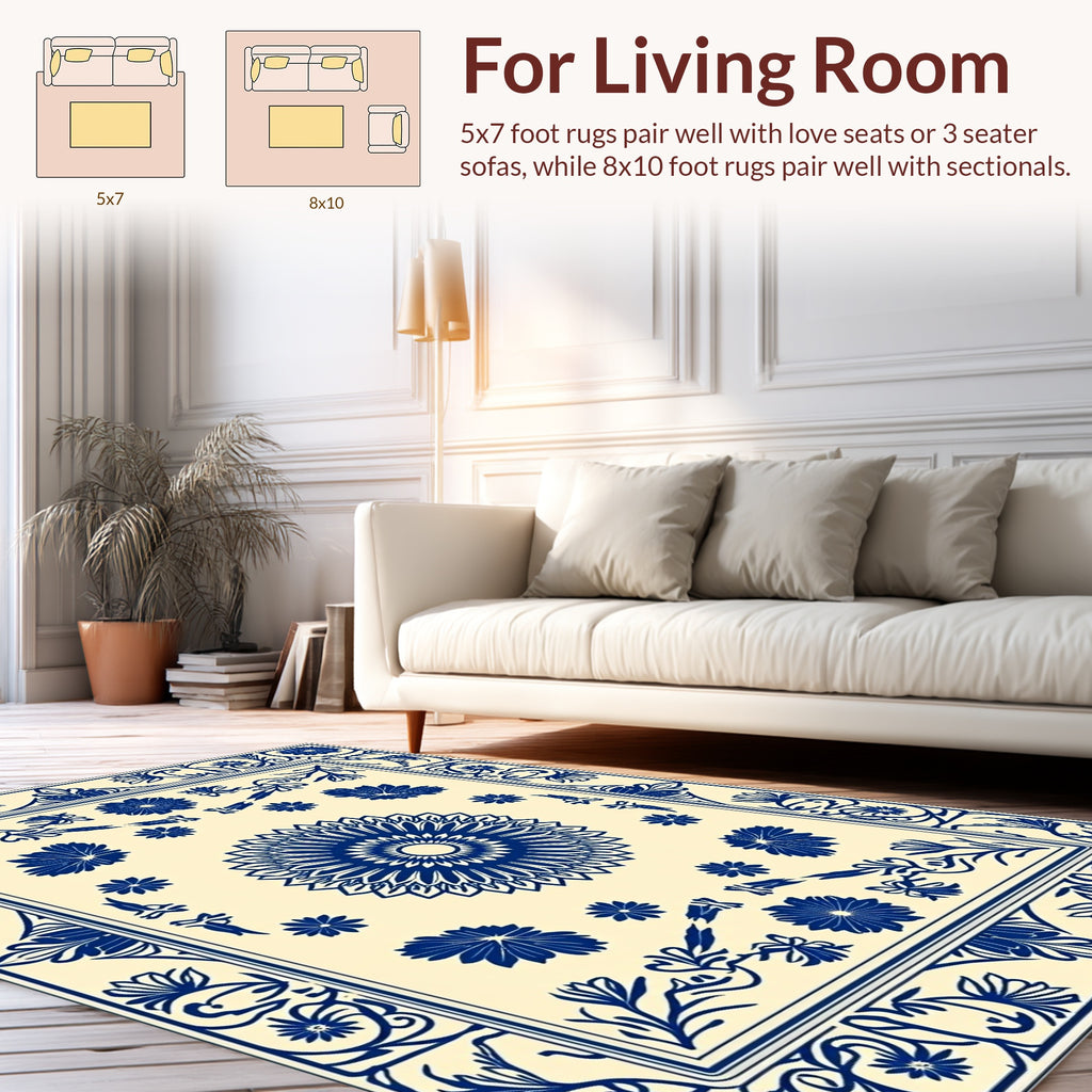 Classic Blue Floral Mandala Pattern Rug