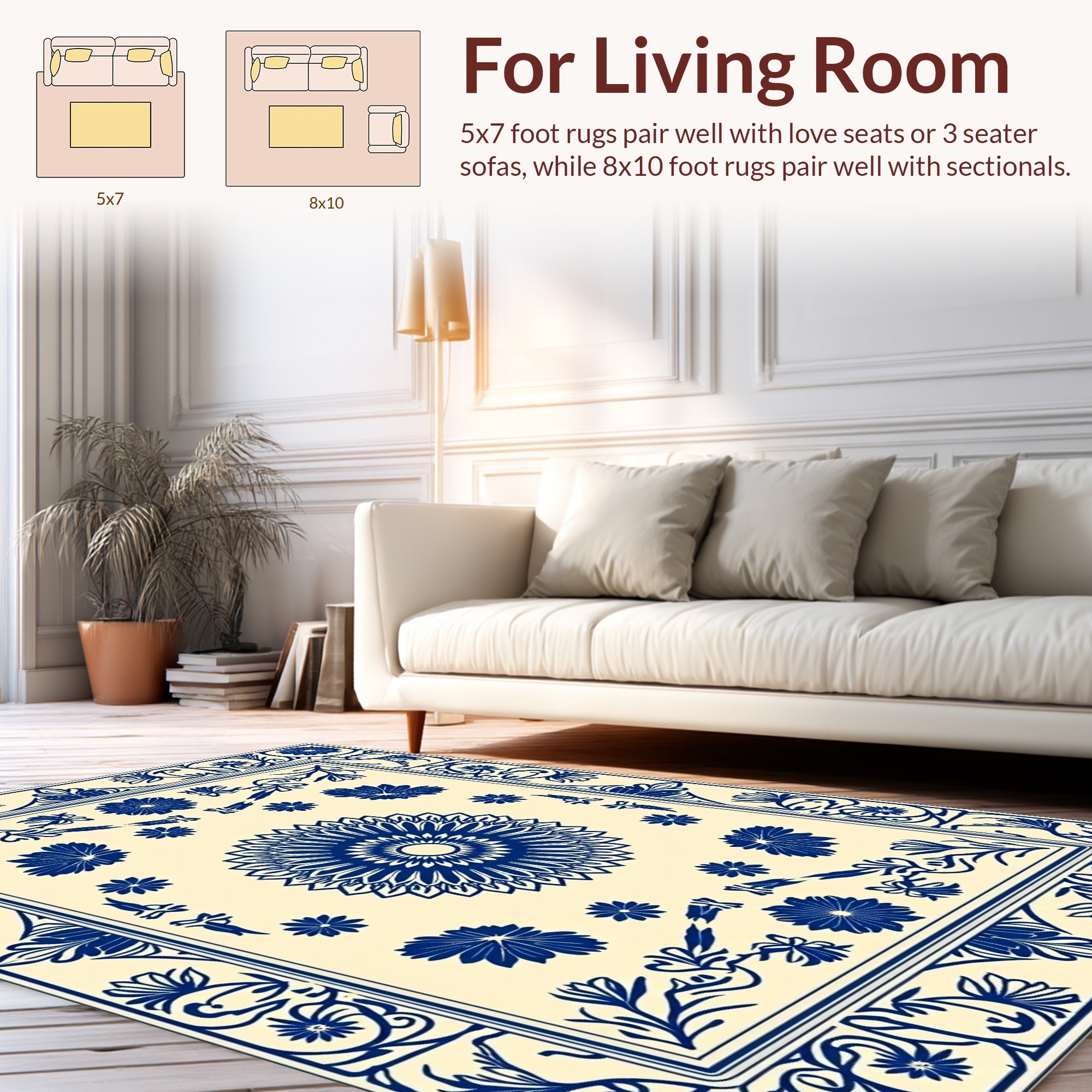 Classic Blue Floral Mandala Pattern Rug