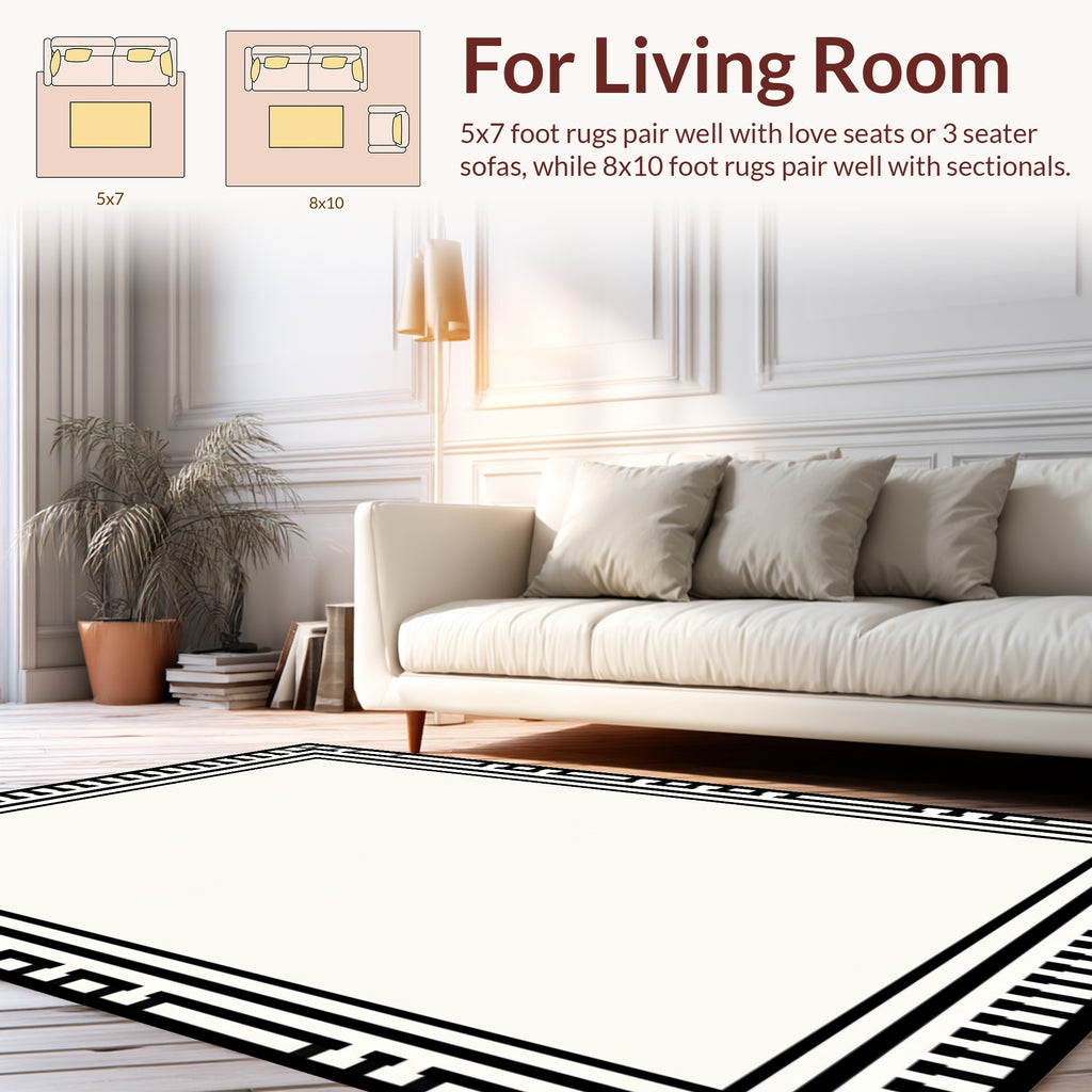 Classic Black White Geometric Border Rug