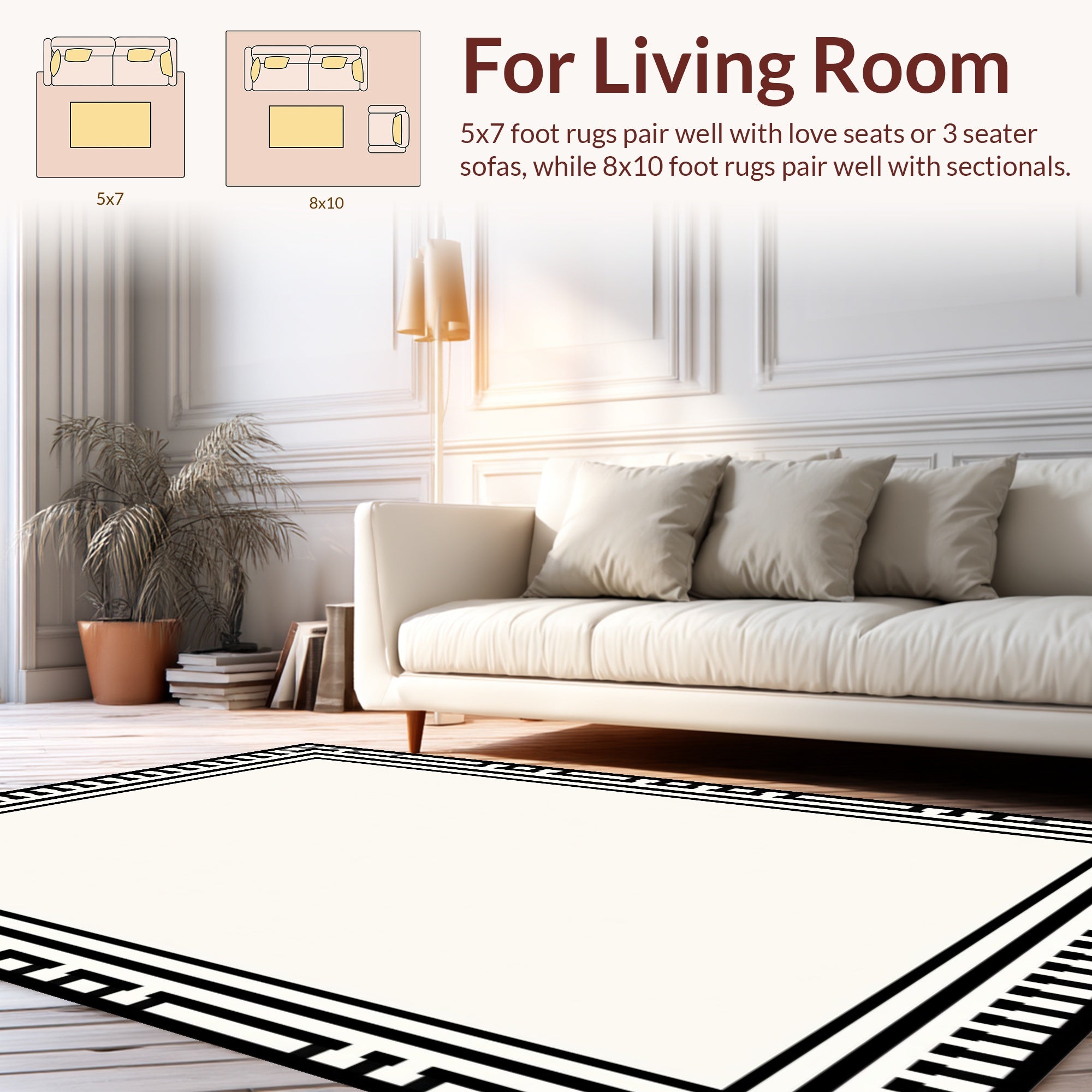 Classic Black White Geometric Border Rug
