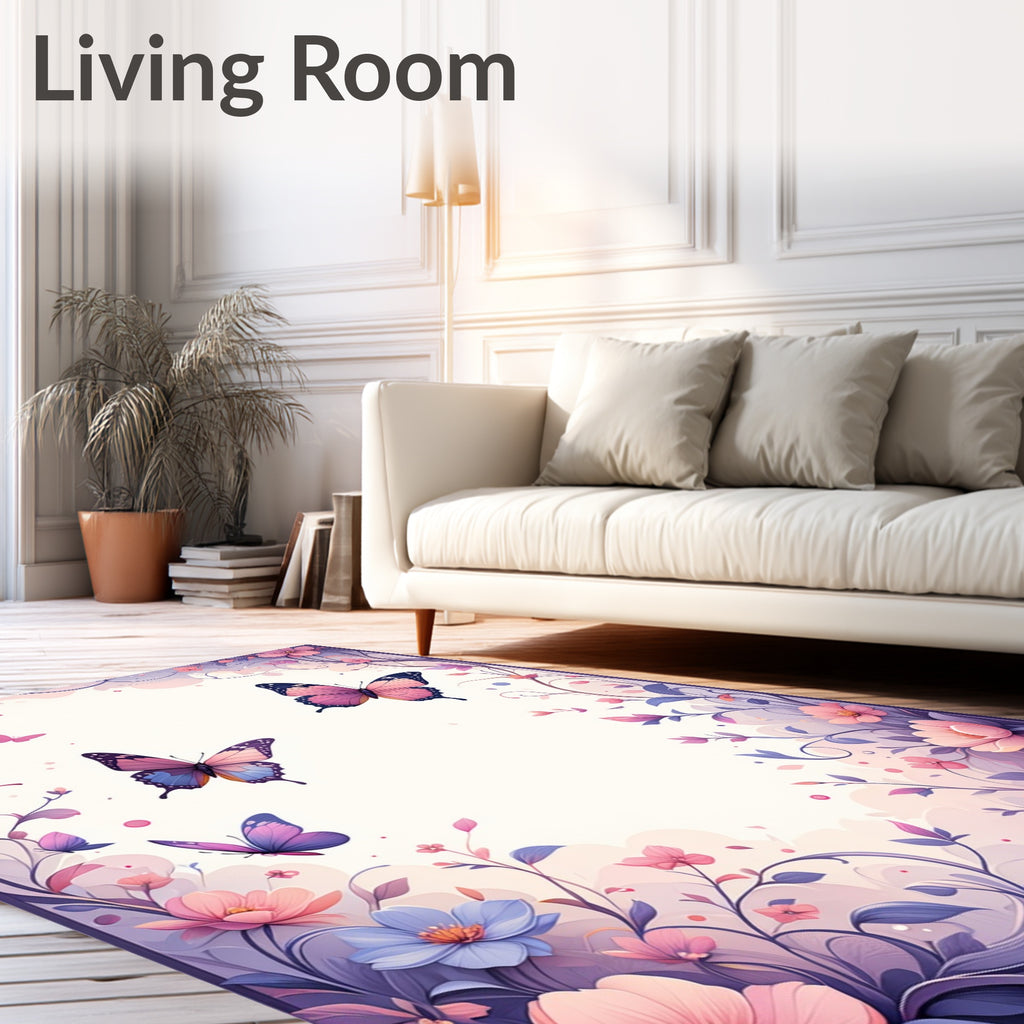 Delicate Floral Butterfly Meadow Design Rug