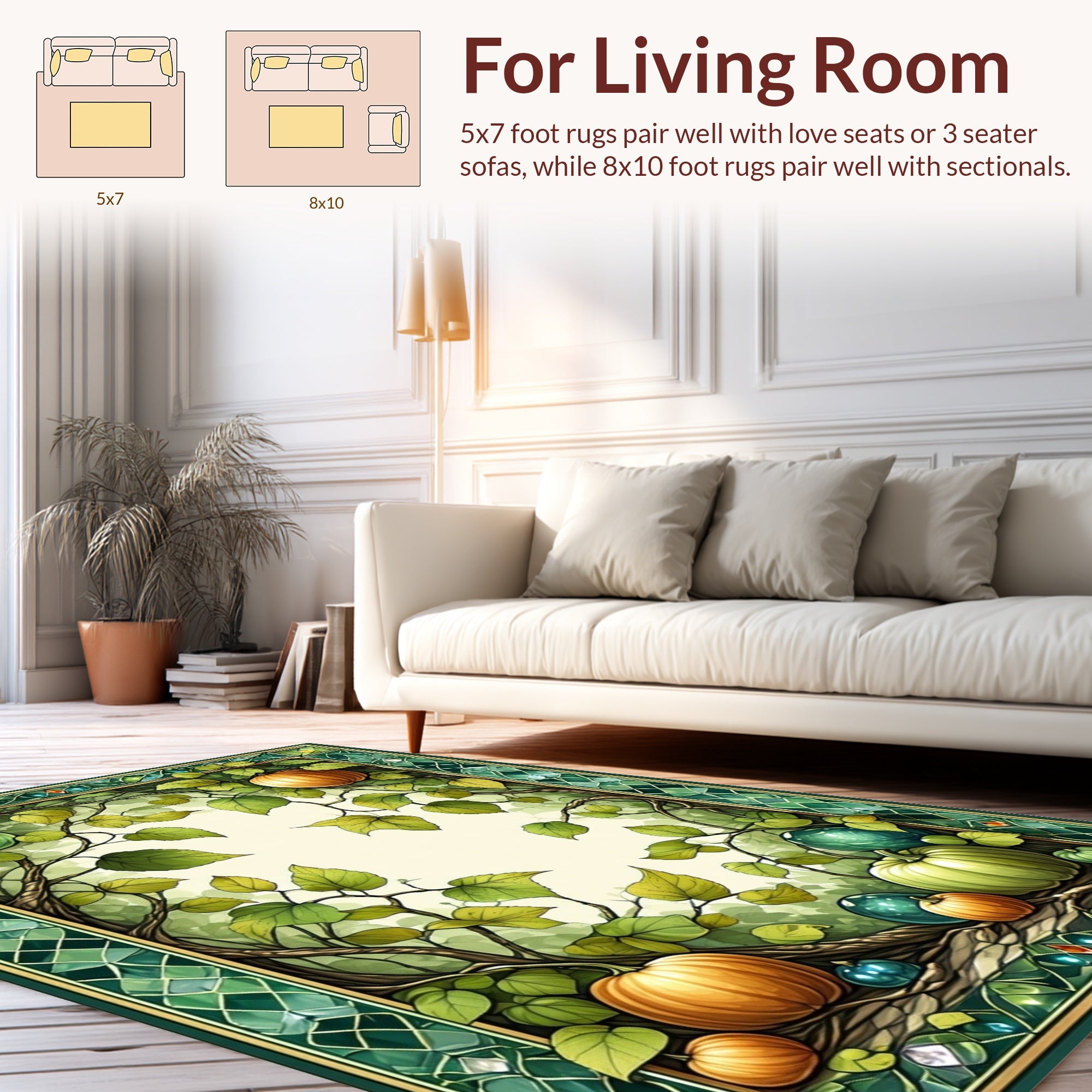 Emerald Vine Pumpkin Folk Art Rug