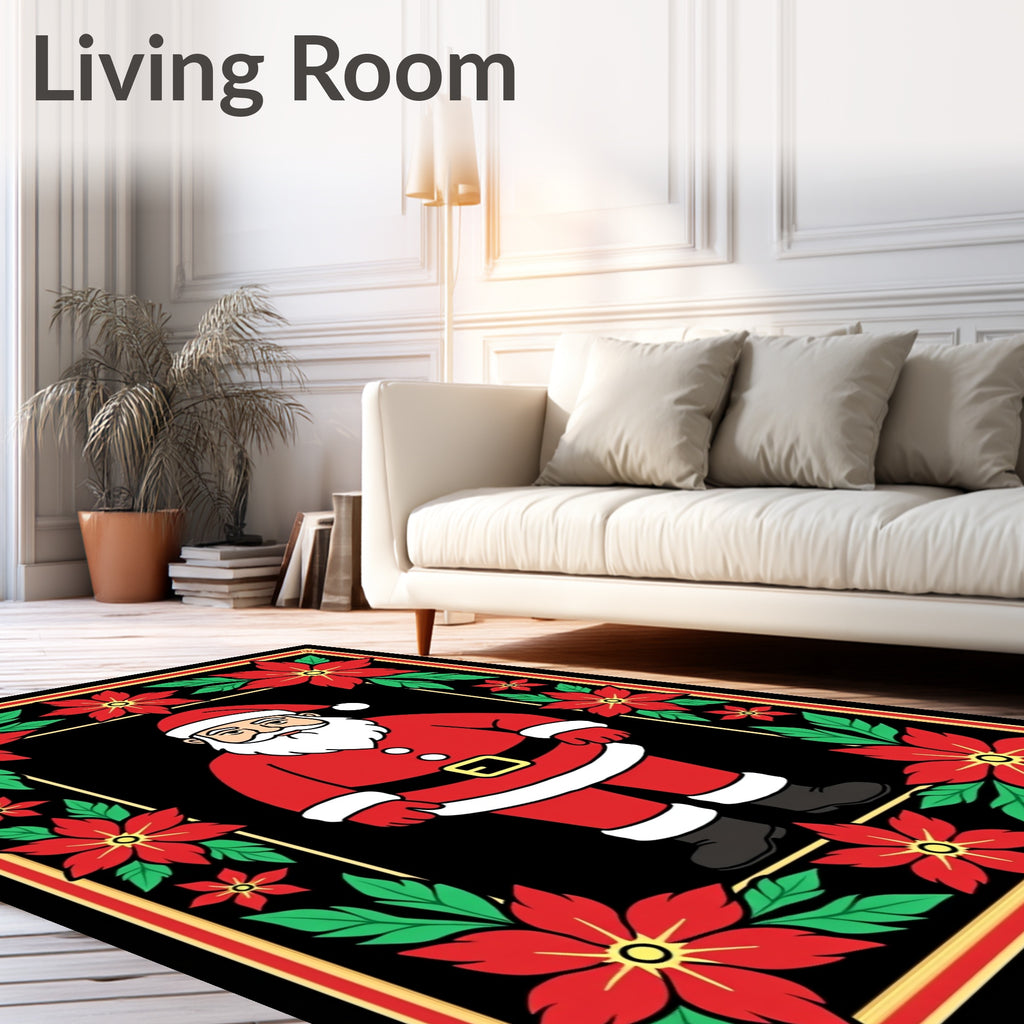 Red Poinsettia Santa Claus Frame Rug