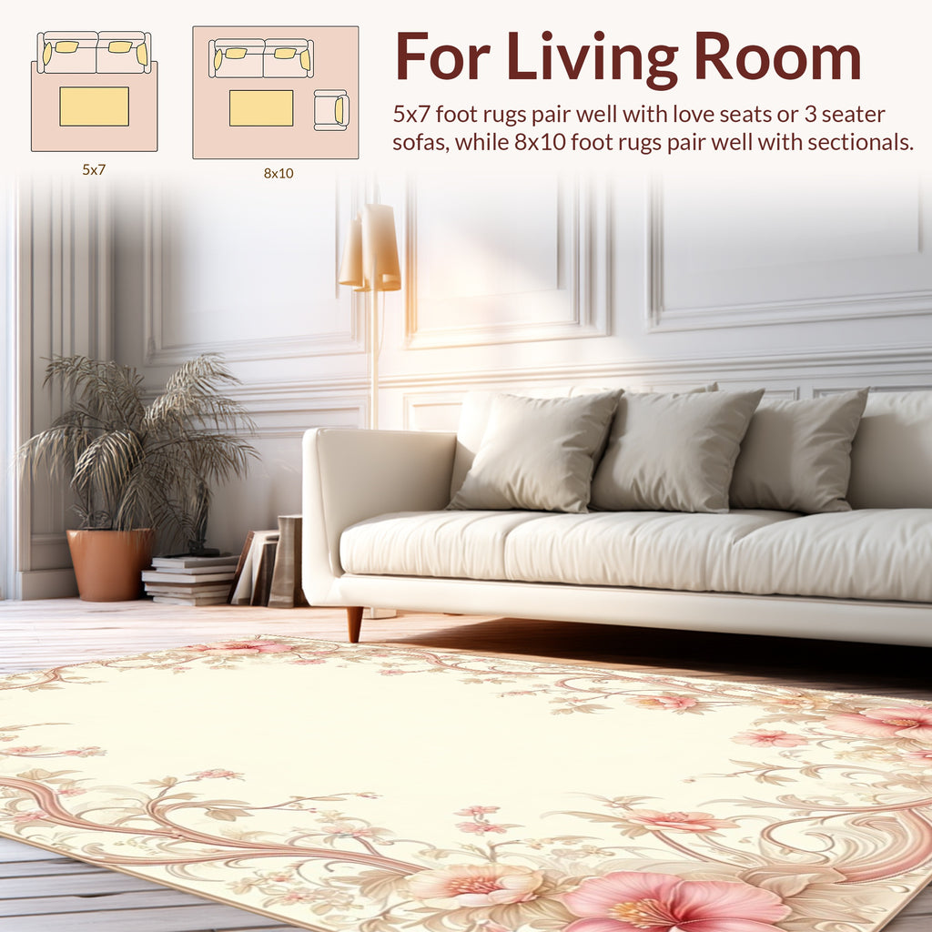 Delicate Pink Floral Scroll Design Rug