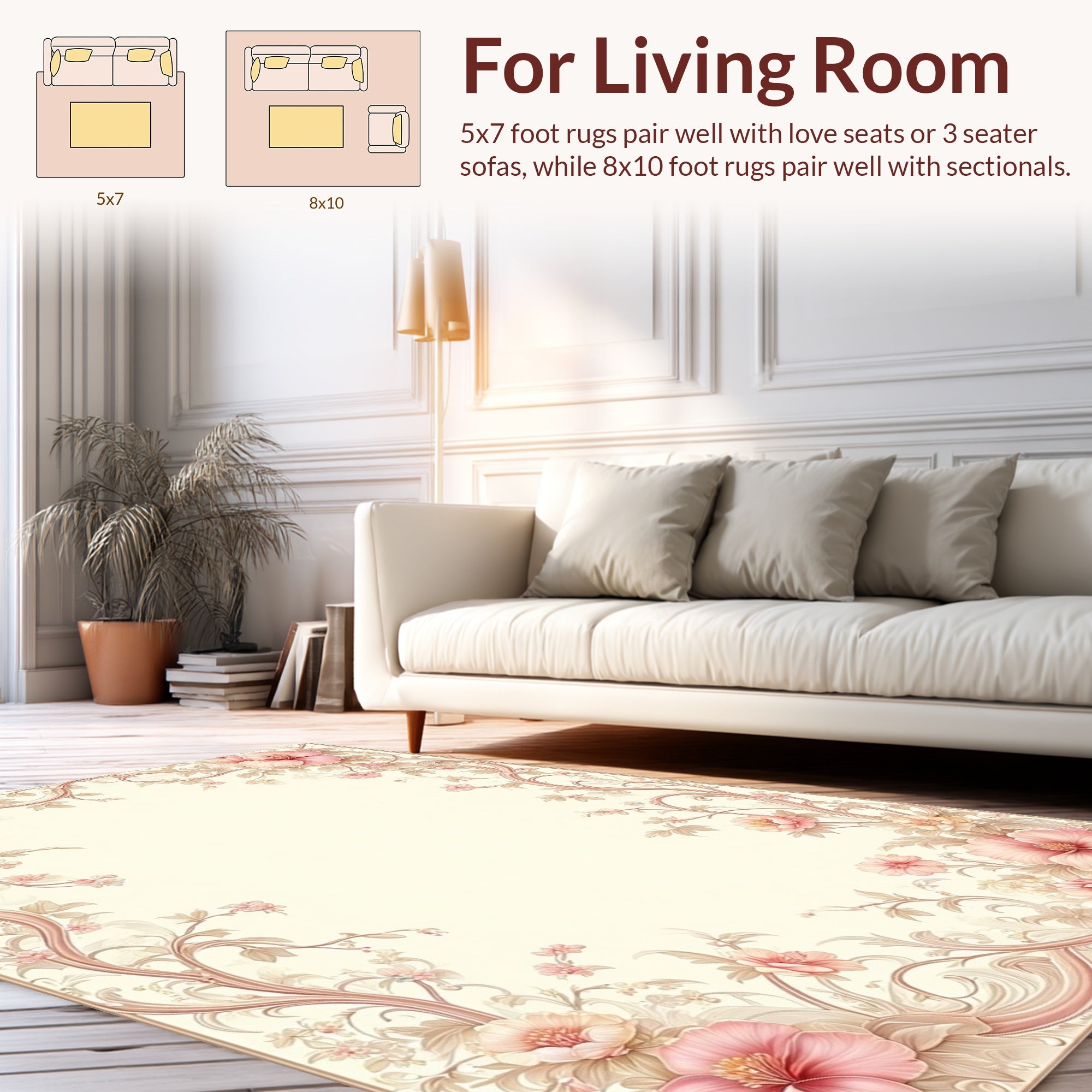 Delicate Pink Floral Scroll Design Rug
