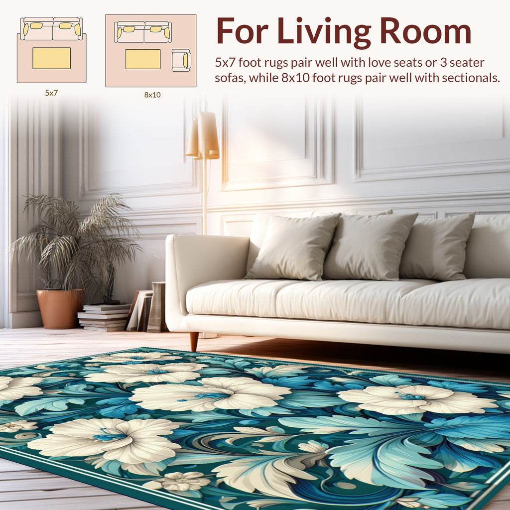 White Floral Teal Leaf Pattern Rug
