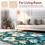 White Floral Teal Leaf Pattern Rug