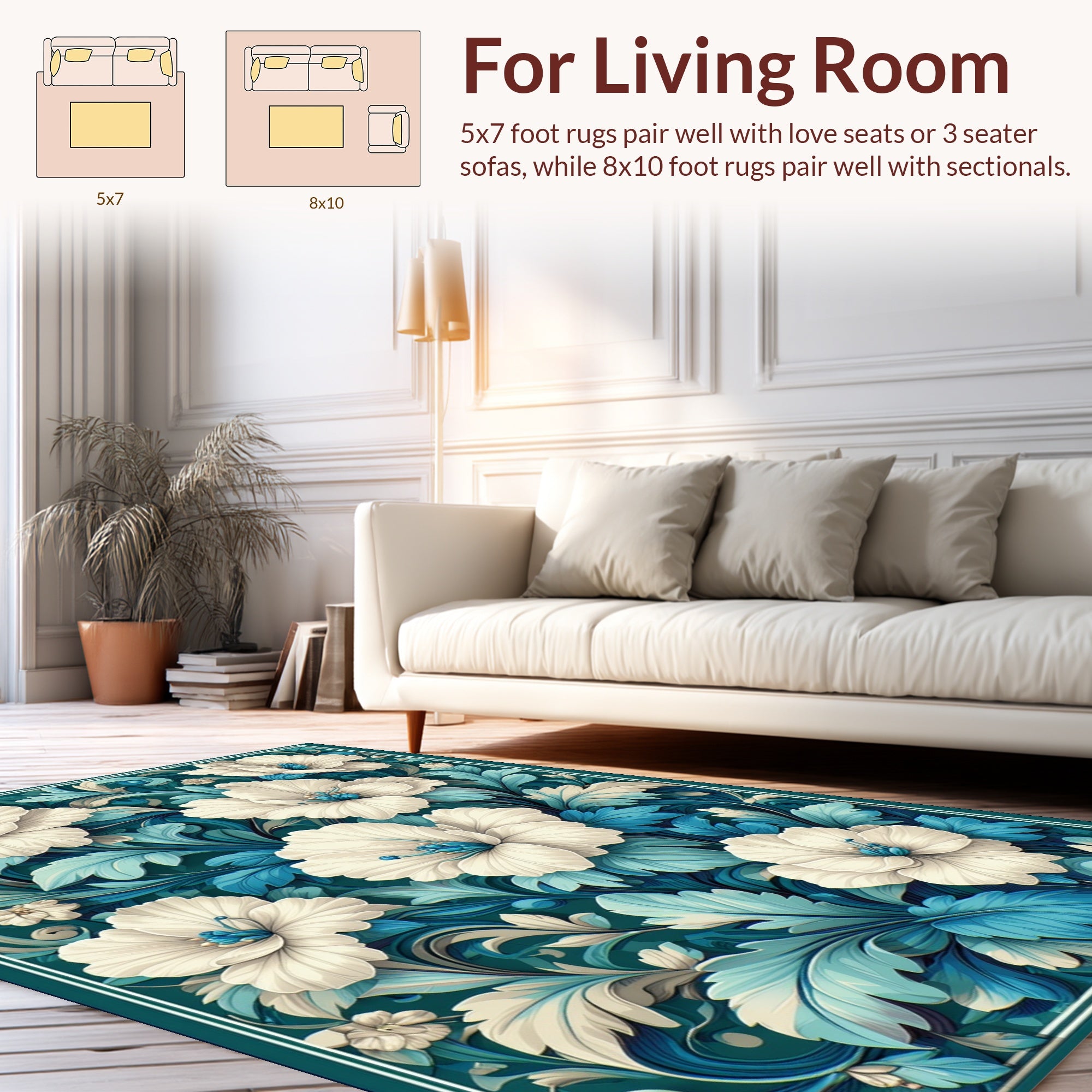 White Floral Teal Leaf Pattern Rug