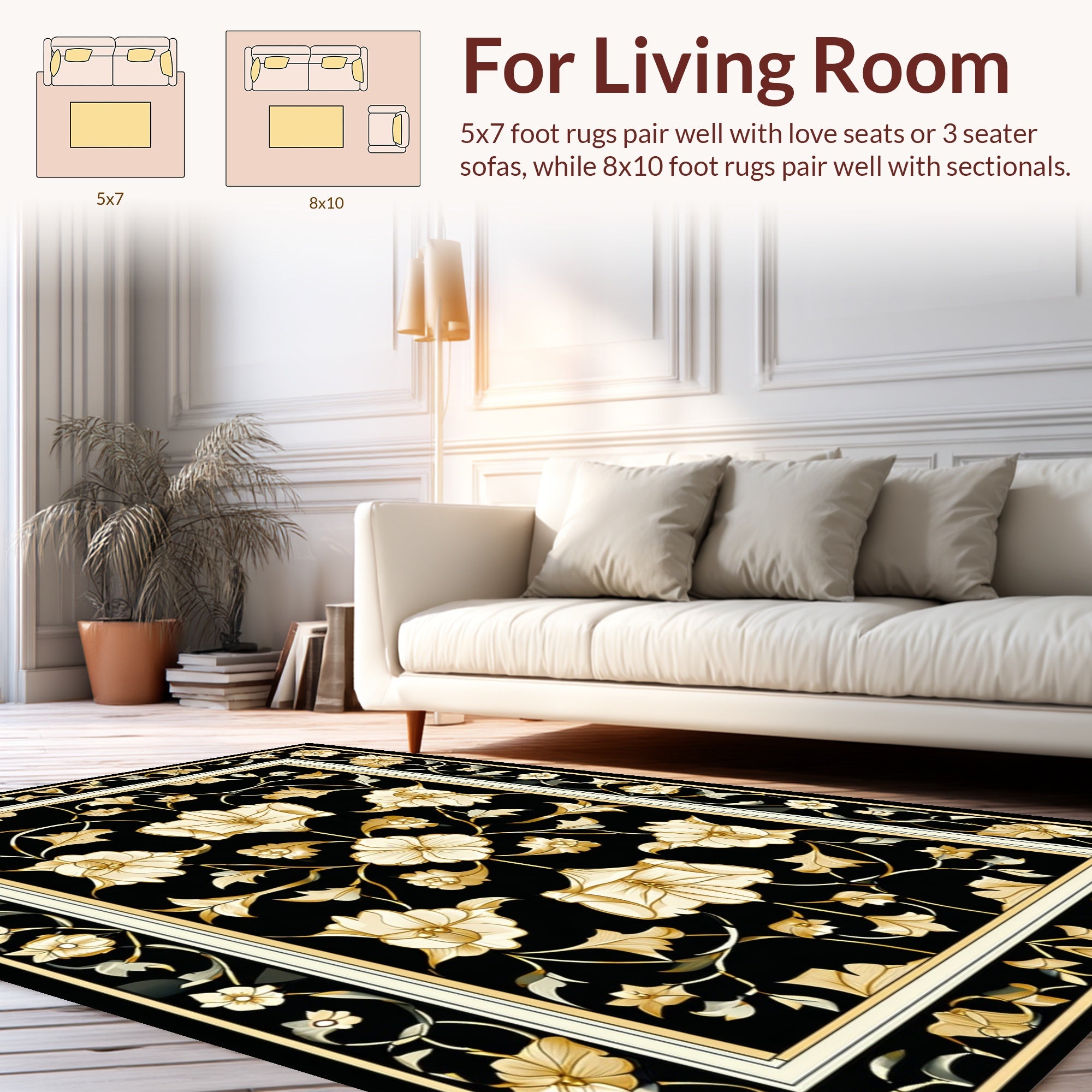 Elegant Black Gold Floral Design Rug