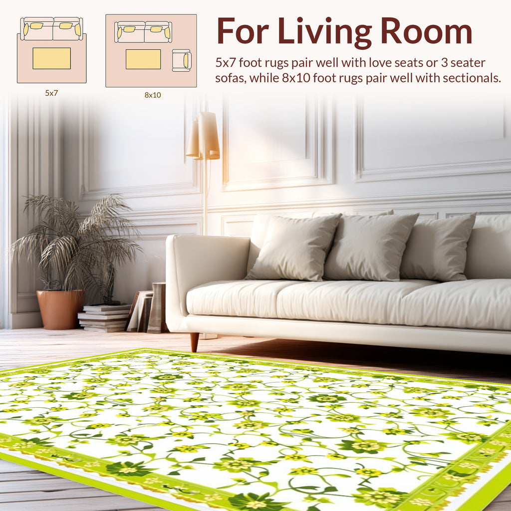 Delicate Green Floral Vine Pattern Rug