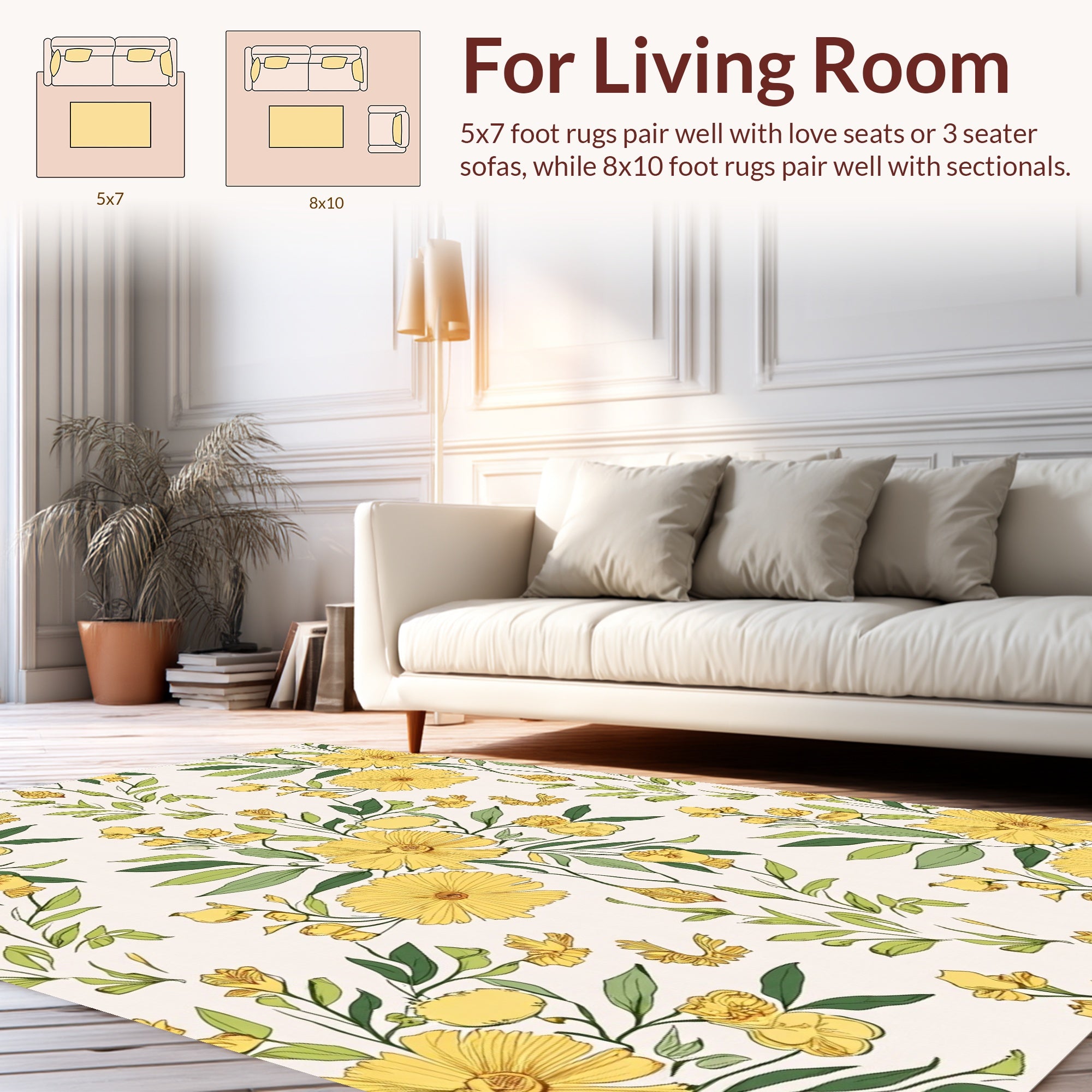 Yellow Floral Botanical Whimsical Pattern Rug