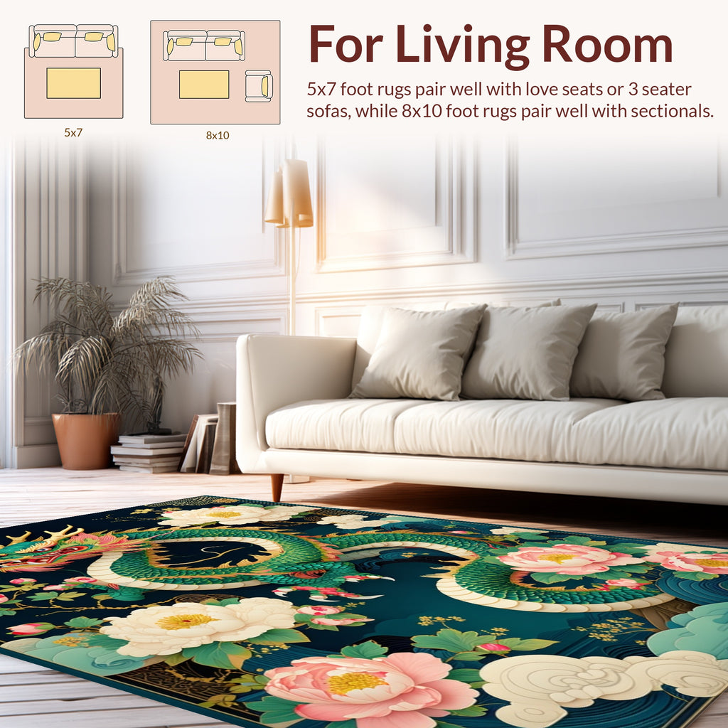 Majestic Green Dragon Peony Flowers Rug
