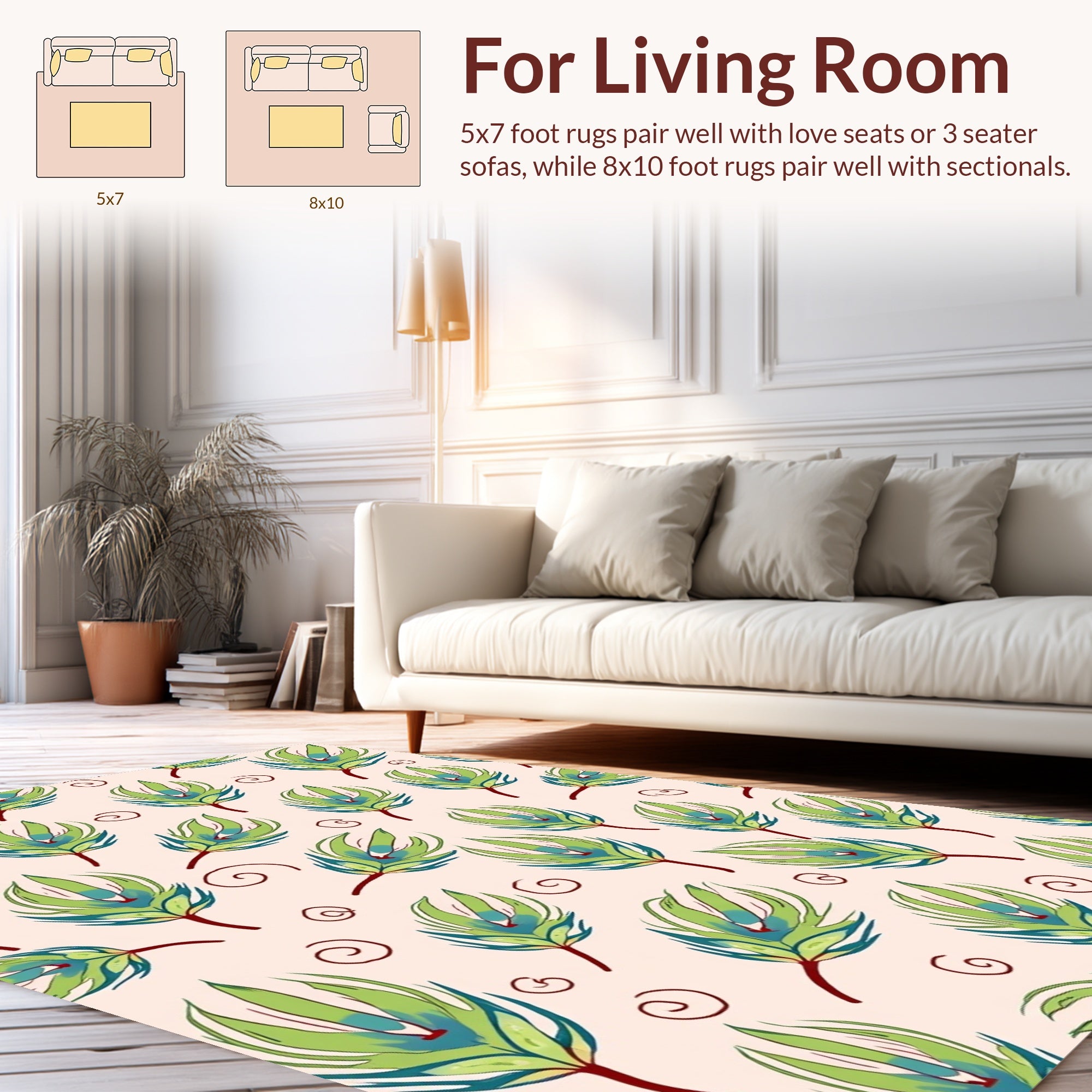 Green Feather Swirl Pattern Rug