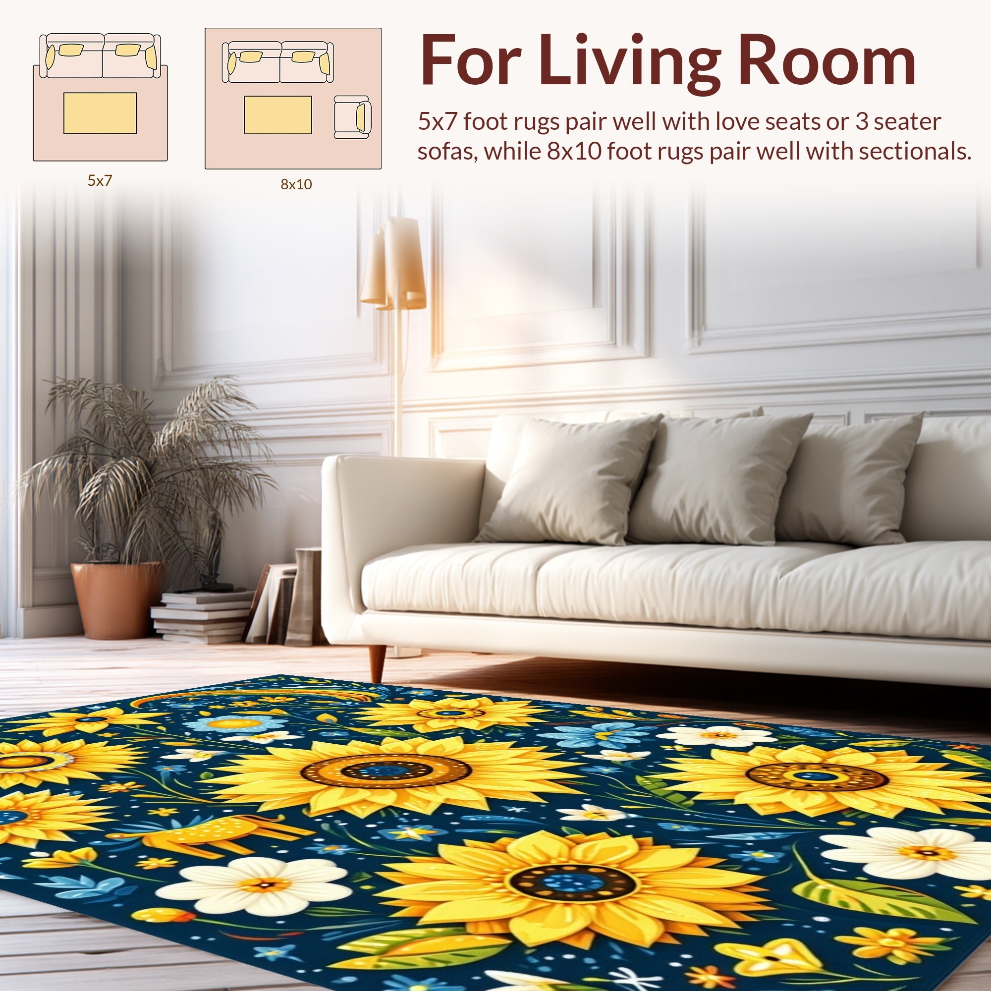 Bright Yellow Sunflowers Blue Floral Print Rug