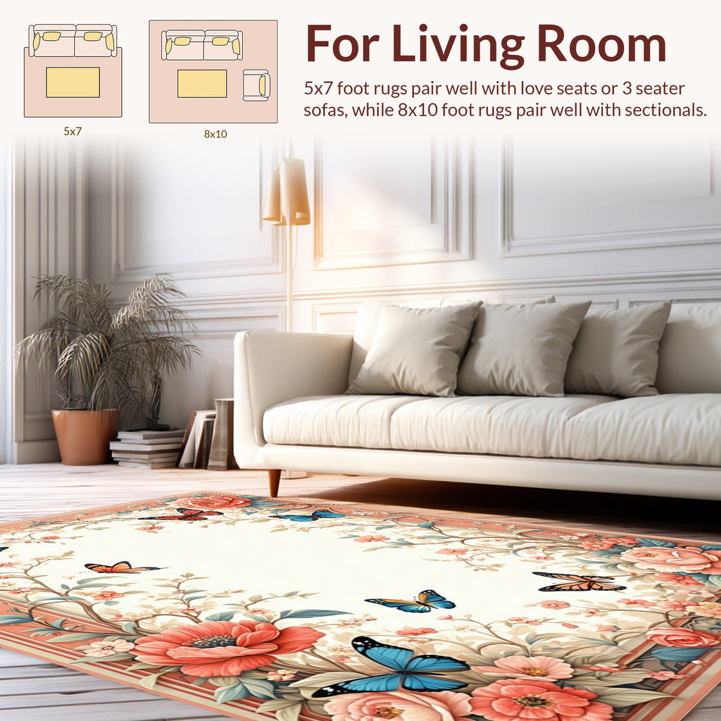 Whimsical Coral Pink Floral Butterfly Garden Rug