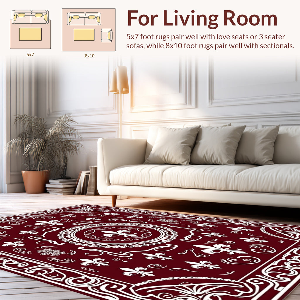 Ornate White Fleur De Lis Design Rug