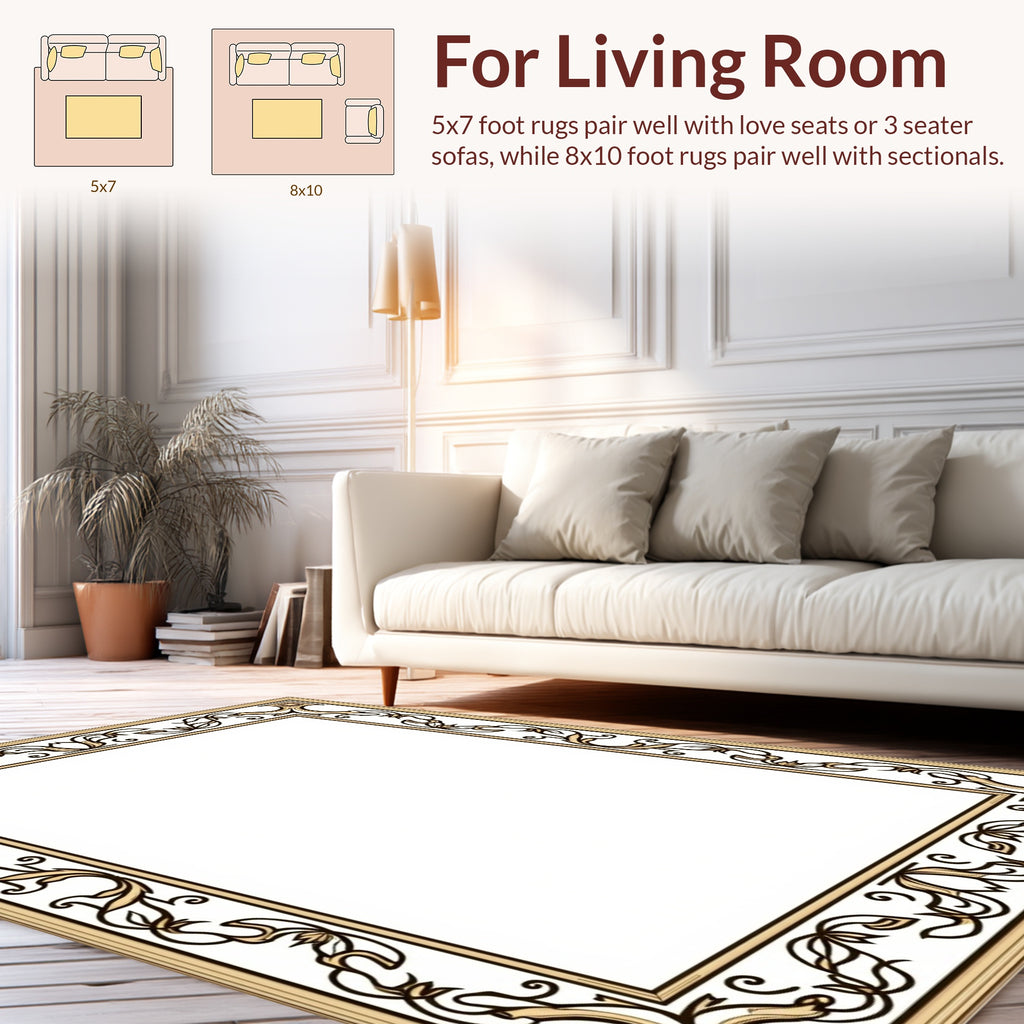 Elegant Tan Floral Scroll Frame Rug
