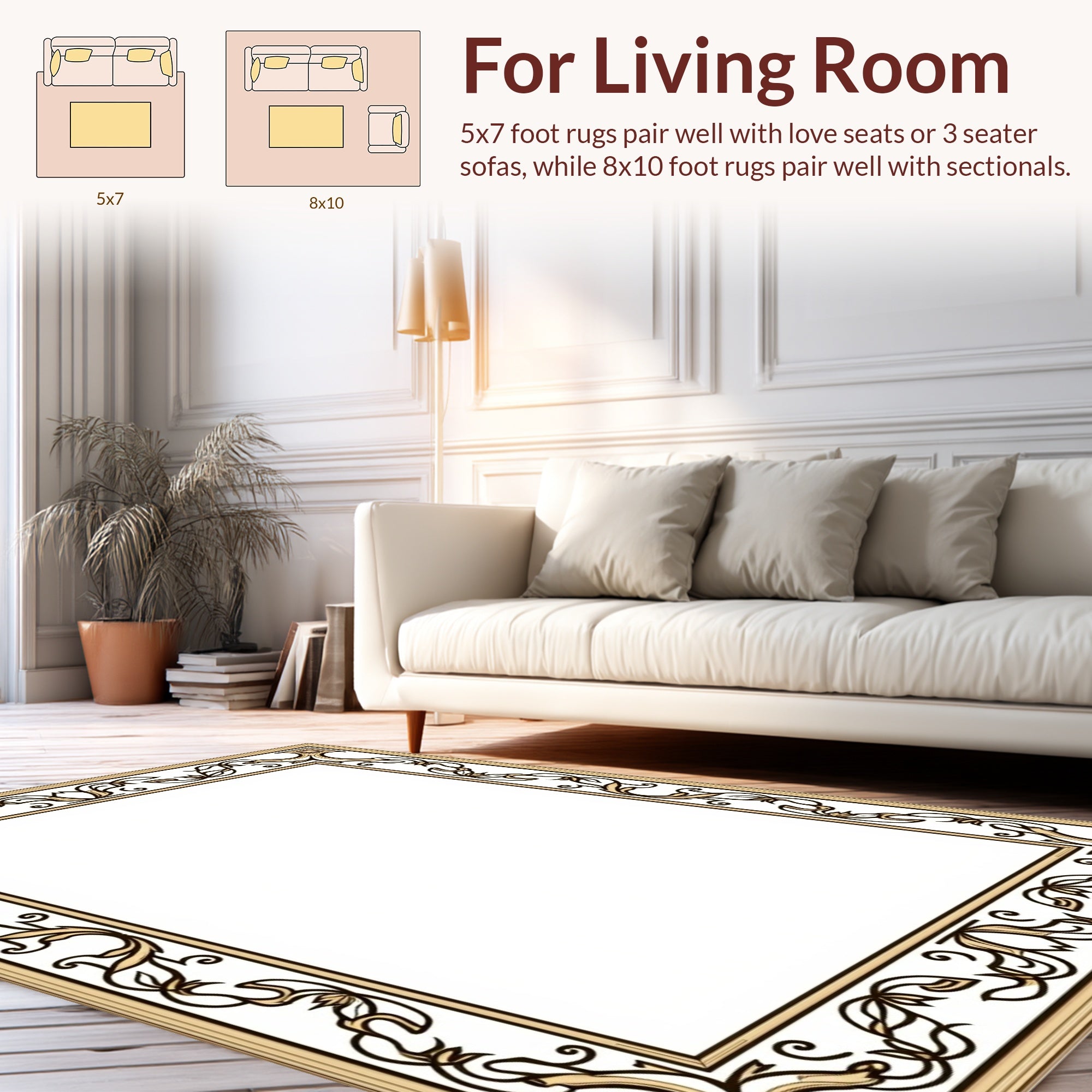Elegant Tan Floral Scroll Frame Rug