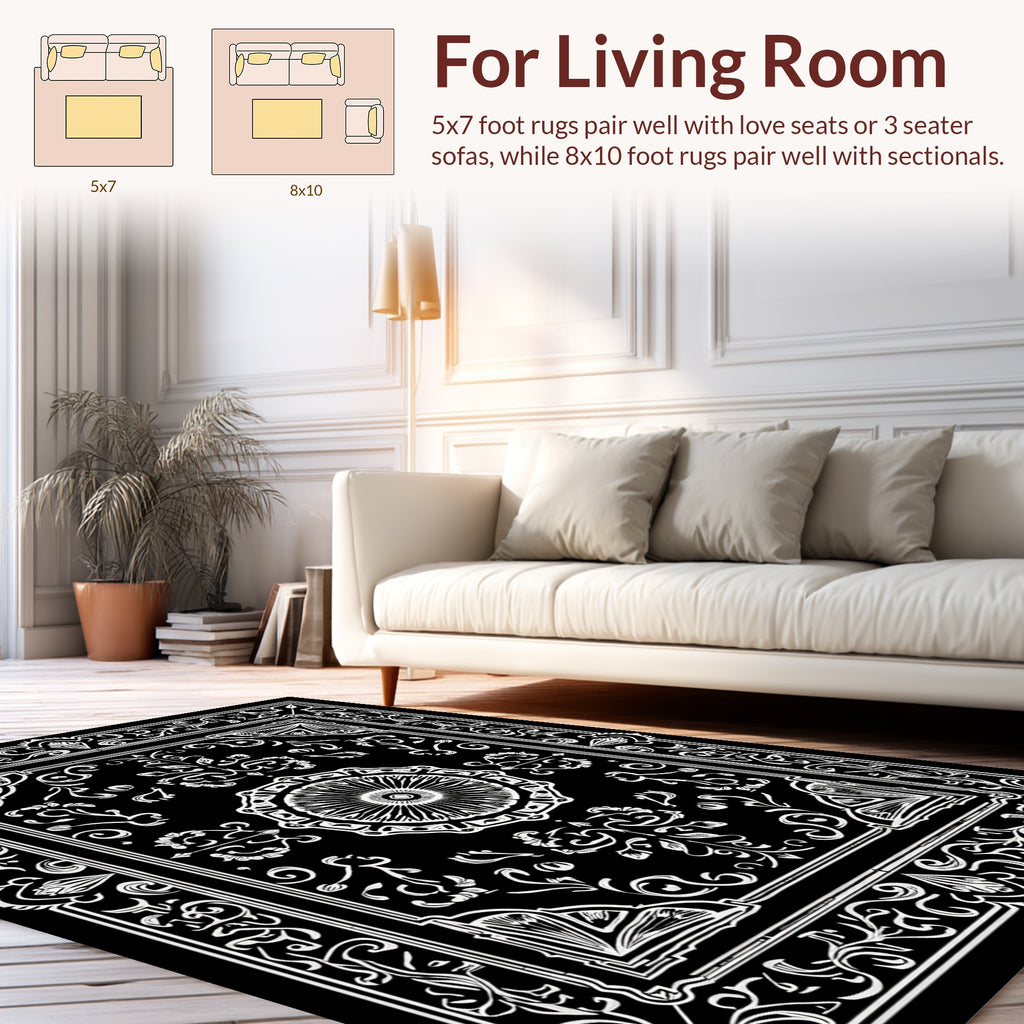 Ornate Floral Motif Black White Rug