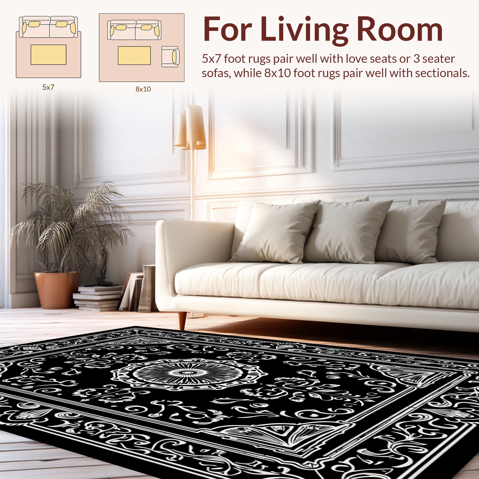 Ornate Floral Motif Black White Rug