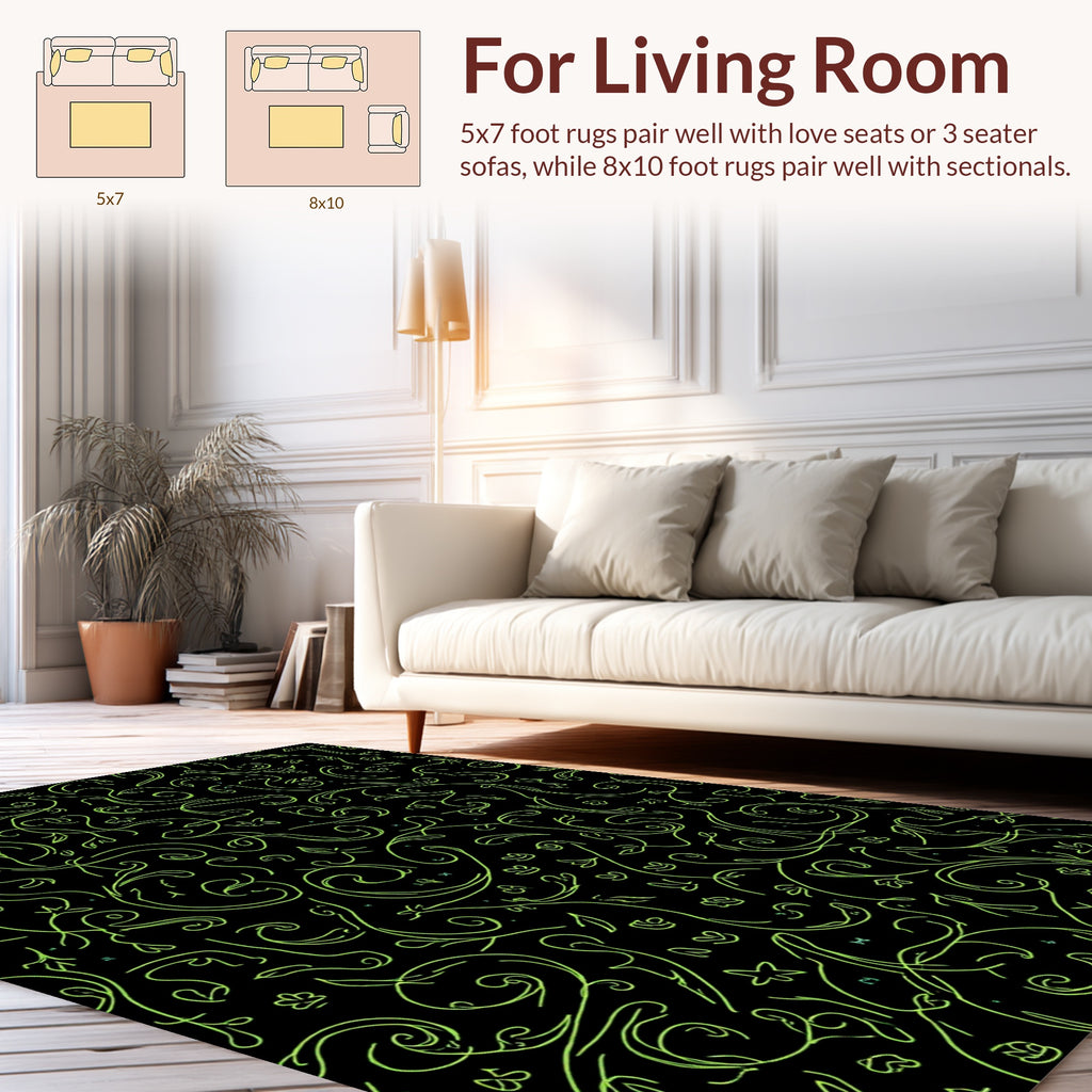 Green Swirls Floral Sketchy Pattern Rug