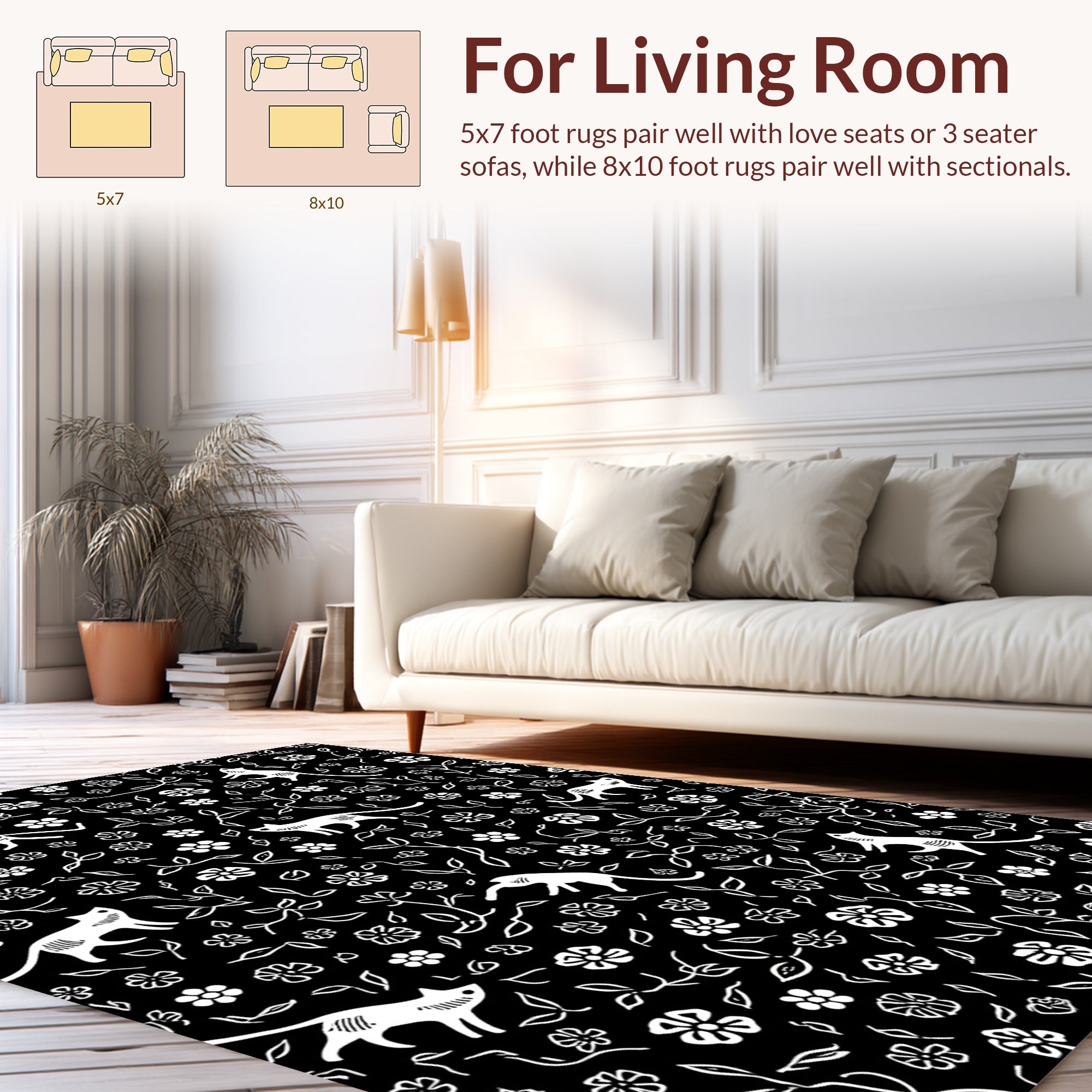 Whimsical White Cat Floral Pattern Rug