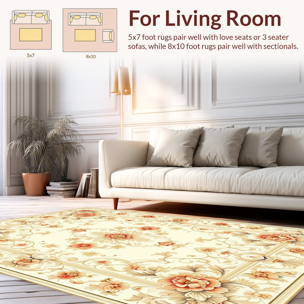 Ornate Floral Pattern Cream Rug
