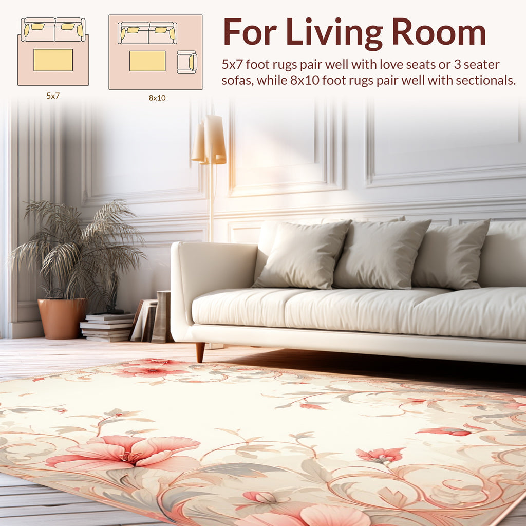 Soft Coral Floral Scroll Pattern Rug