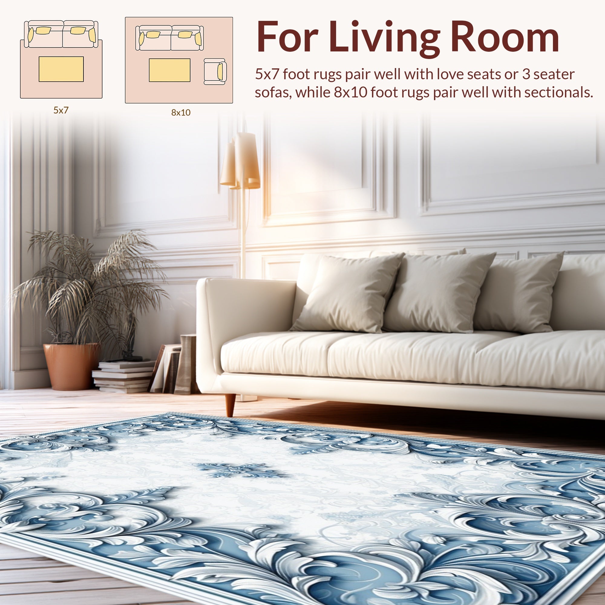 Ornate Blue White Scrollwork Relief Rug